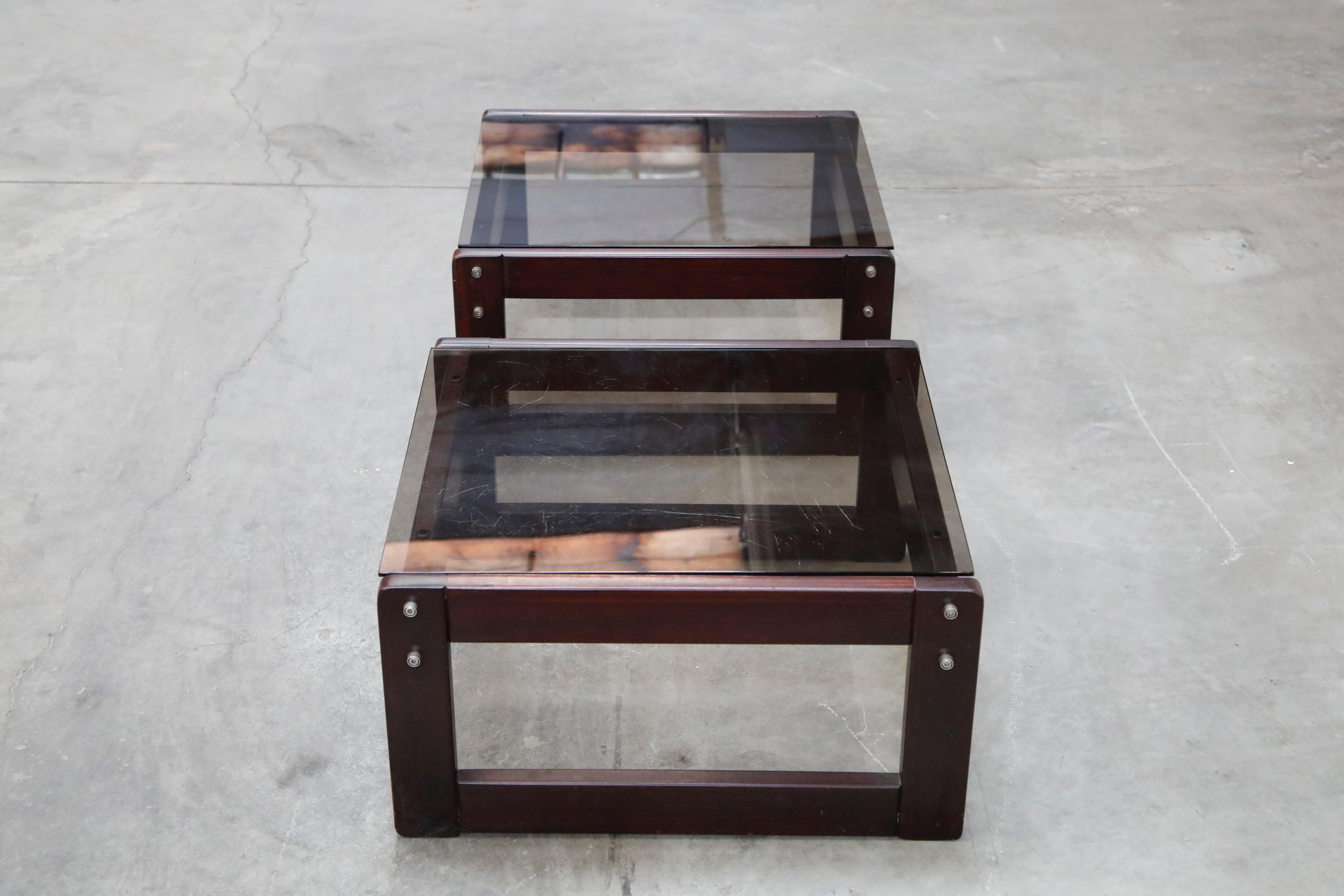 Brazilian Rosewood and Smoked Glass Side Tables by Percival Lafer, 1960s Brazil  In Good Condition In Los Angeles, CA