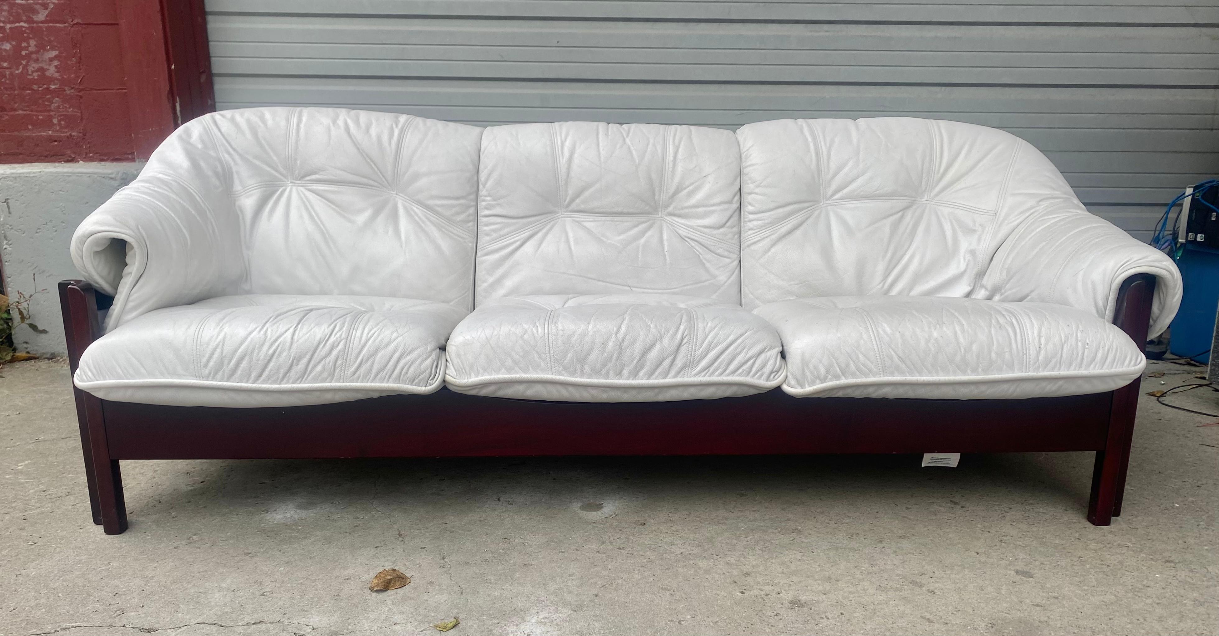 Late 20th Century BraziLIAN  Rosewood and  White Leather Sofa by Jean Gillon for Probel S.A. For Sale