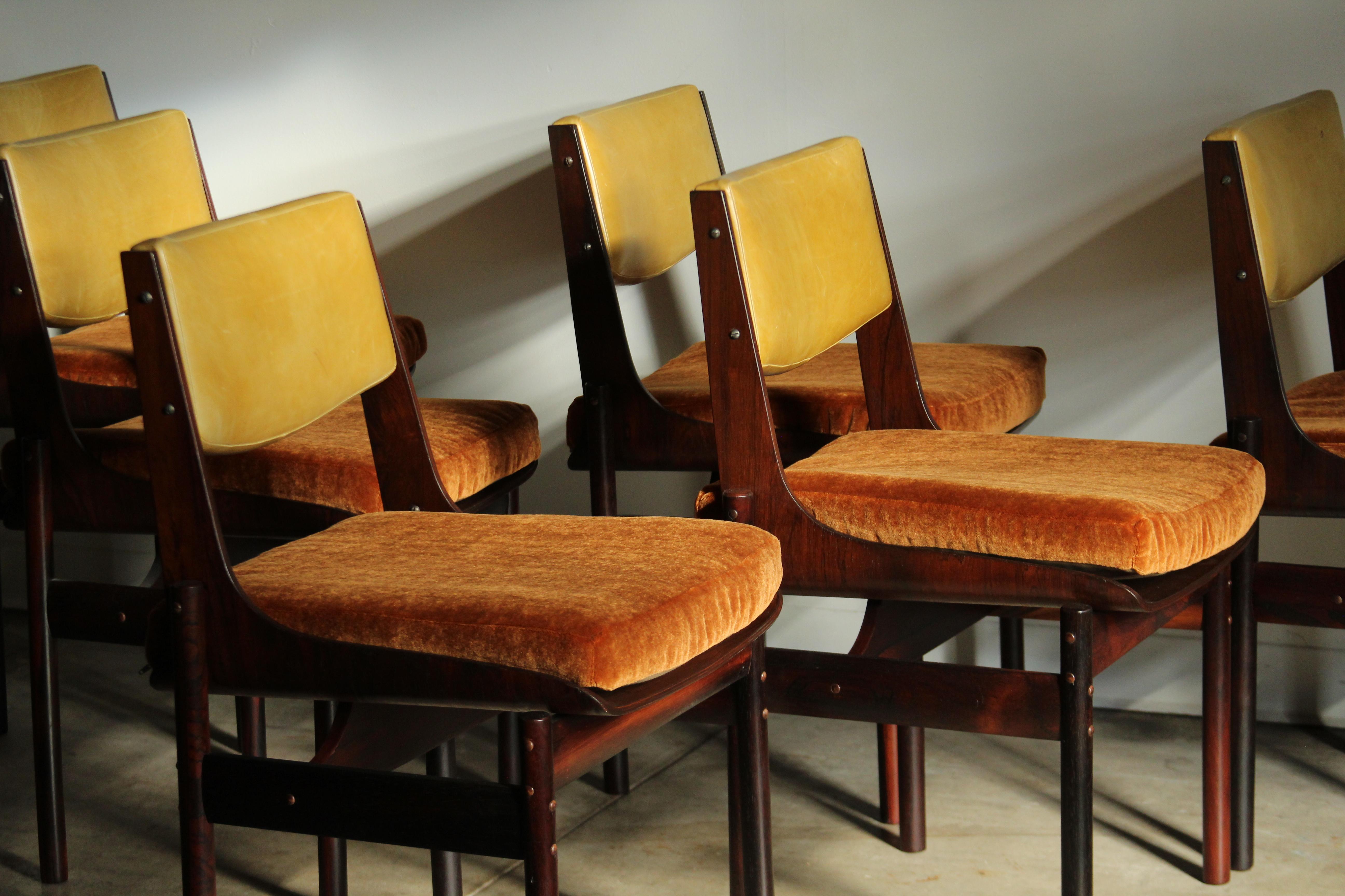 Leather Brazilian Rosewood Dining Chairs Attributed to Jorge Zalszupin, 1950s