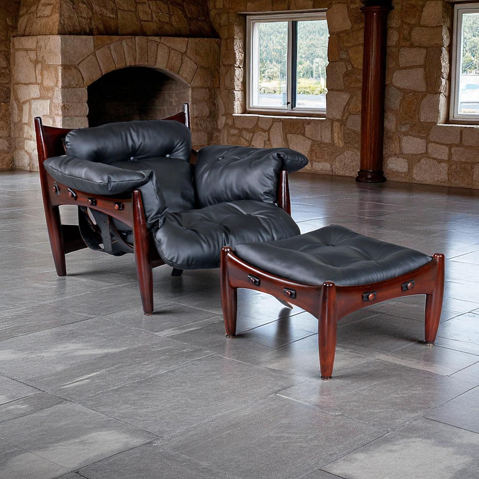 This Sergio Rodriguez Sheriff Chair and Ottoman were completely disassembled and each piece of rosewood was stripped, sanded and refinished in multiple coats of hand-buffed finishing oil. Every dowel was also oiled and detailed before reassembly.