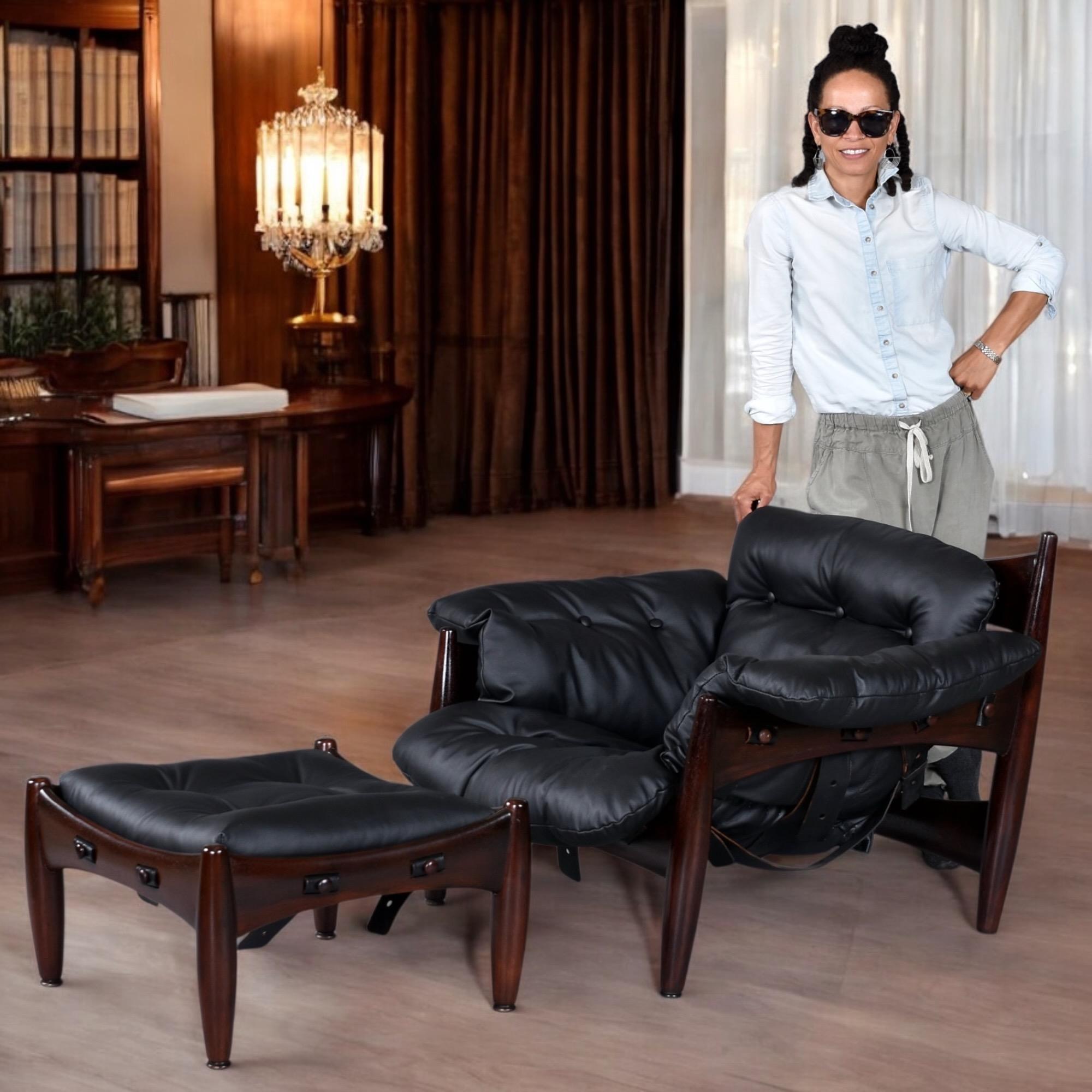 Brazilian Rosewood & Leather Sling Chair and Ottoman by Sergio Rodrigues for ISA For Sale 2