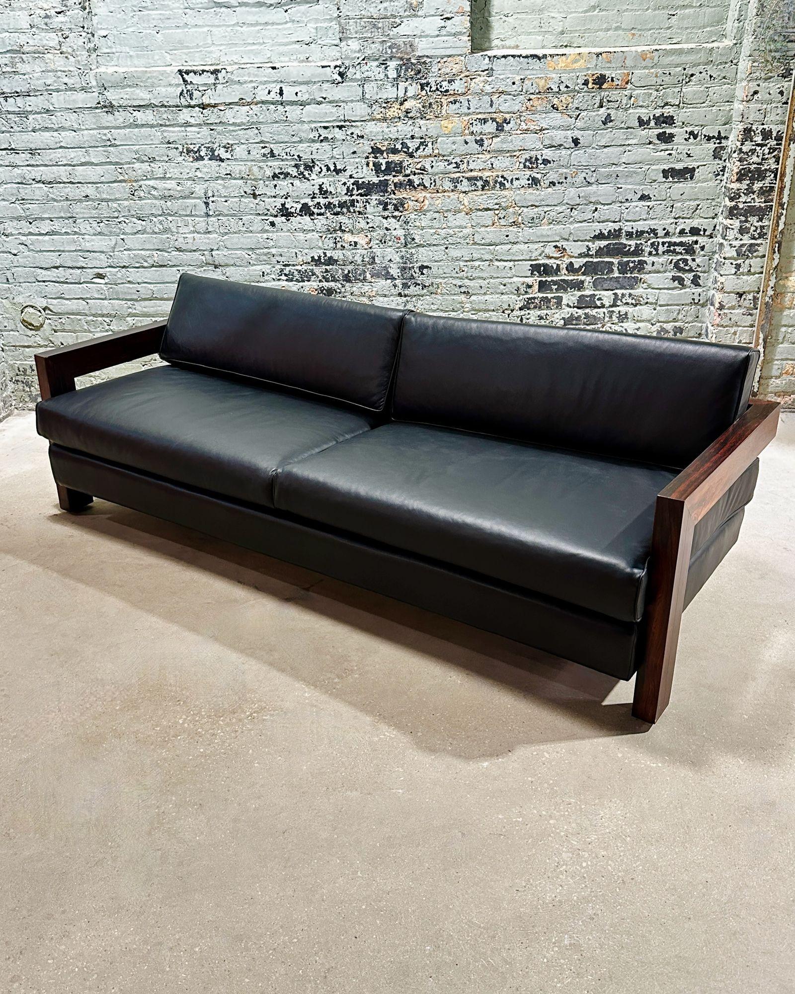 Mid-Century Modern Brazilian Rosewood Sofa Black Leather, 1960 For Sale
