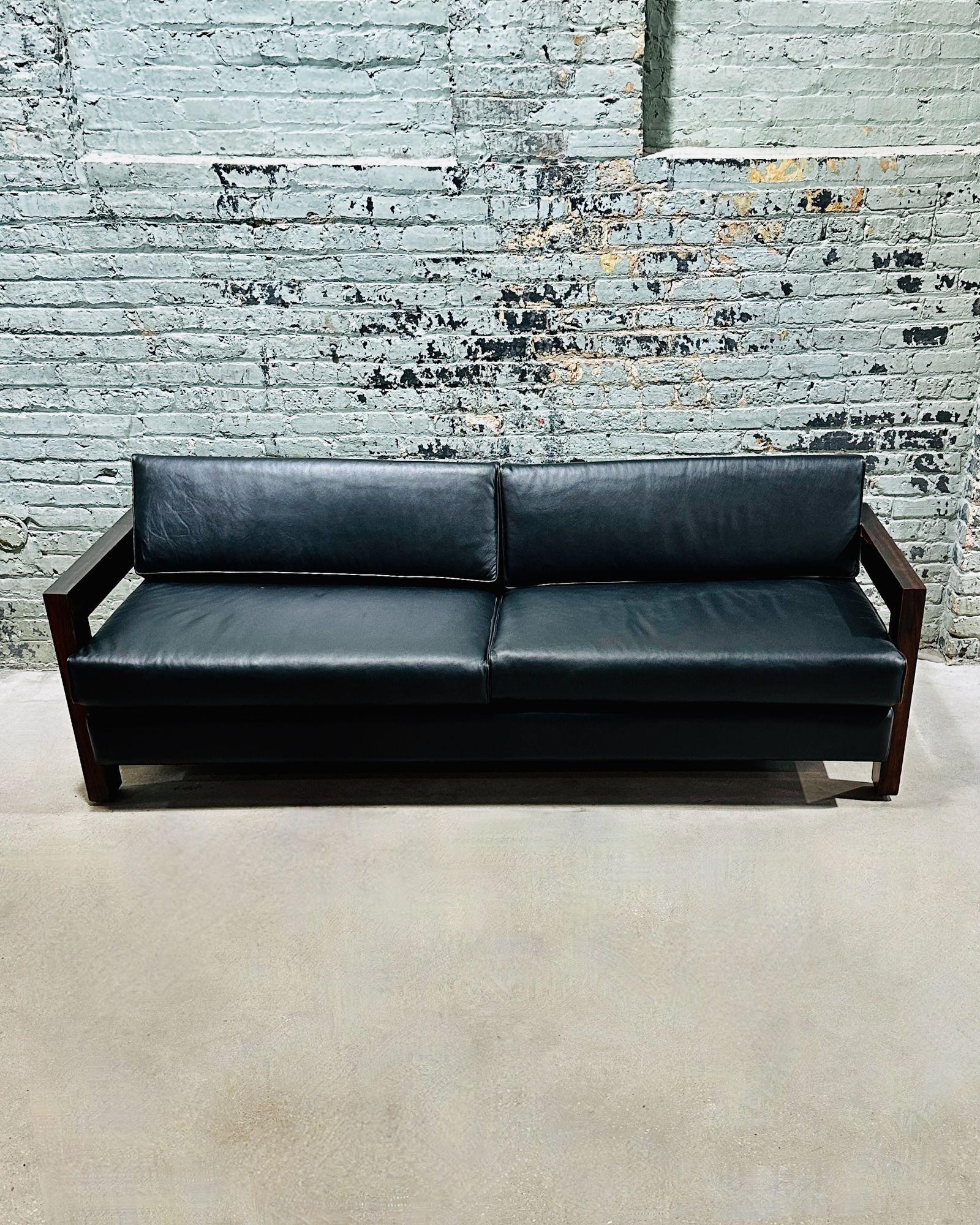 American Brazilian Rosewood Sofa Black Leather, 1960 For Sale