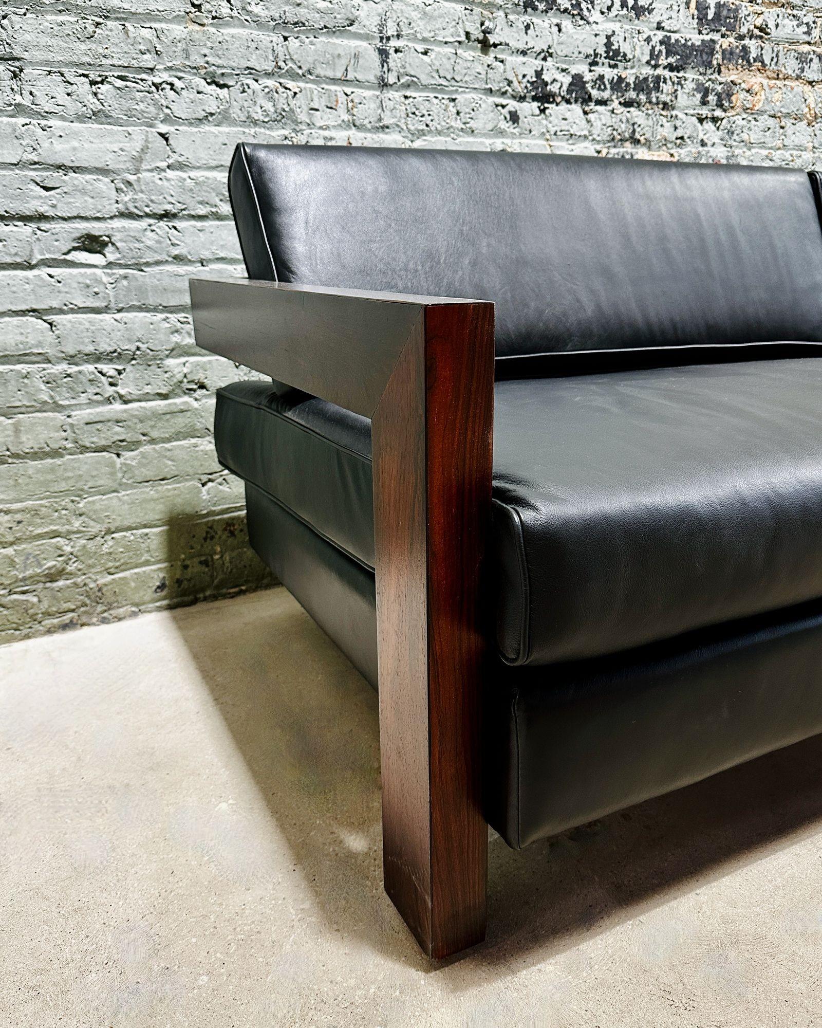 Mid-20th Century Brazilian Rosewood Sofa Black Leather, 1960 For Sale