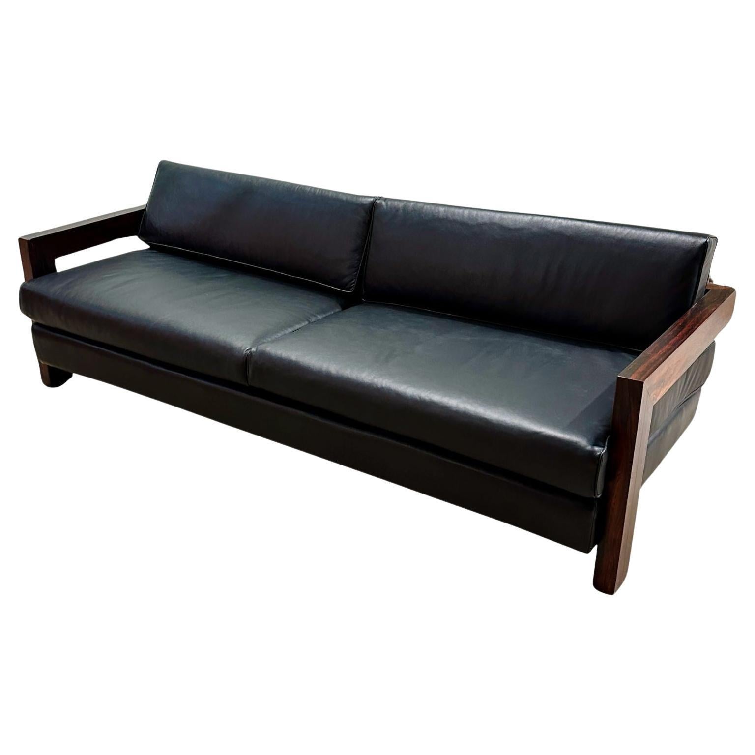 Brazilian Rosewood Sofa Black Leather, 1960 For Sale