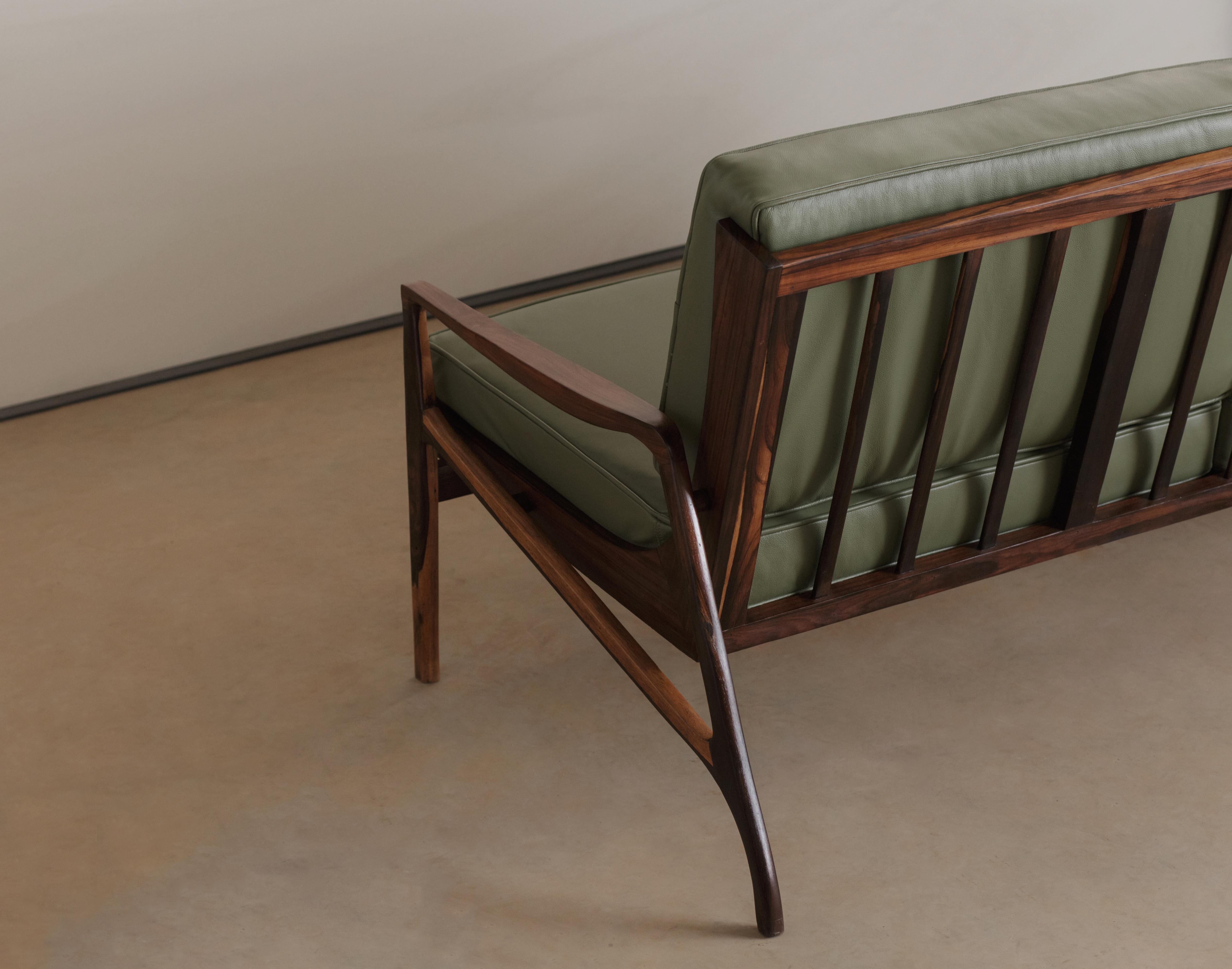 Leather Brazilian Rosewood Sofa by Liceu De Artes e Officios, Midcentury For Sale