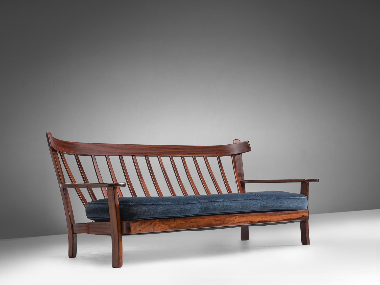 Mid-Century Modern Brazilian Rosewood Sofa with Navy Velvet Upholstery