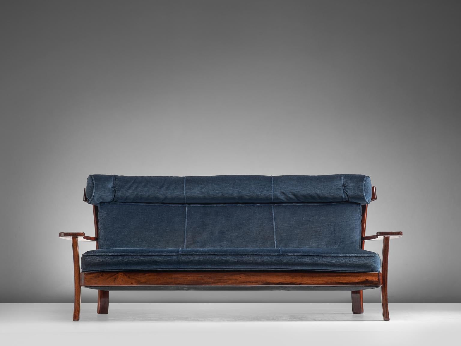 South American Brazilian Rosewood Sofa with Navy Velvet Upholstery