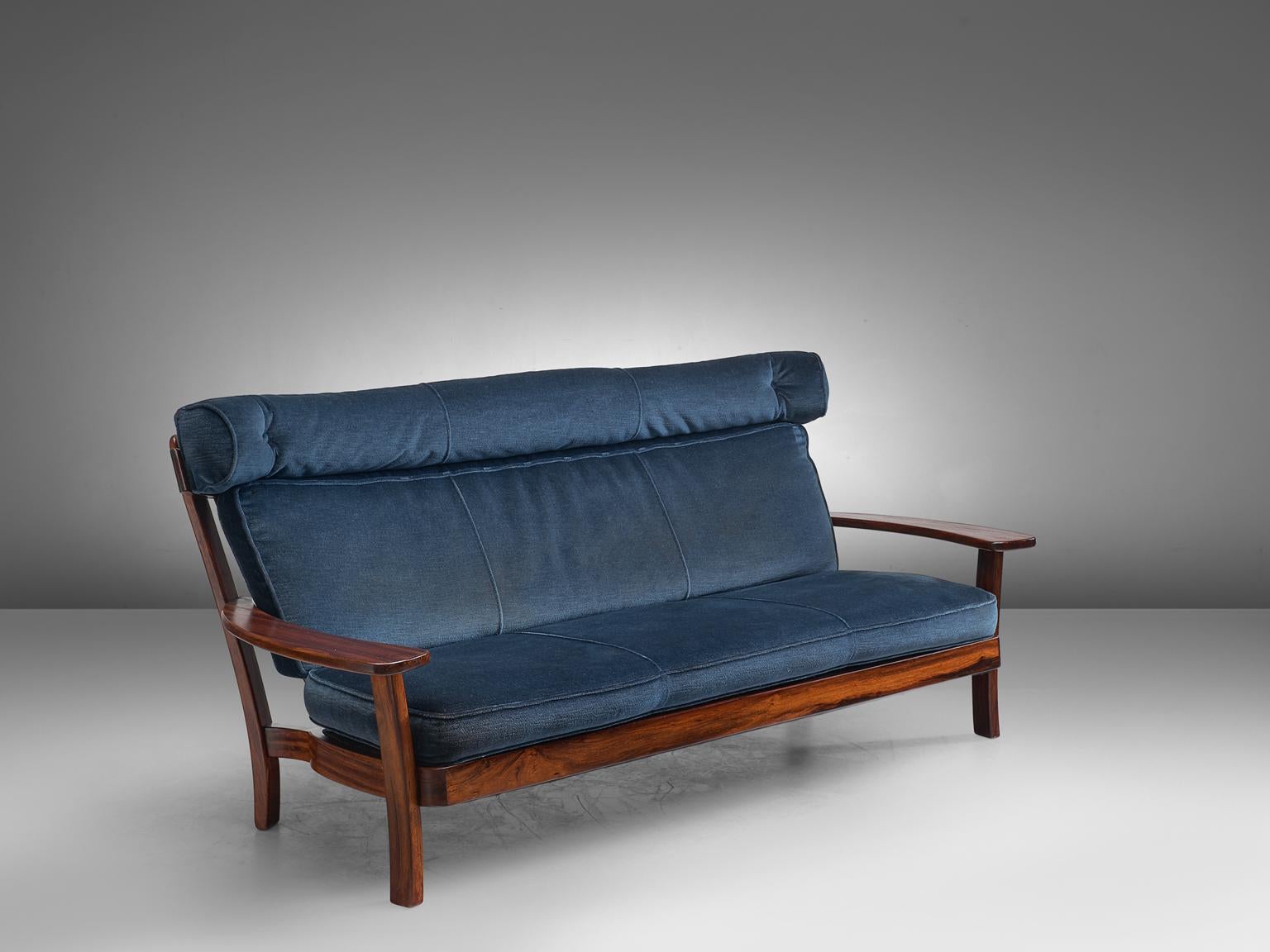 Mid-20th Century Brazilian Rosewood Sofa with Navy Velvet Upholstery