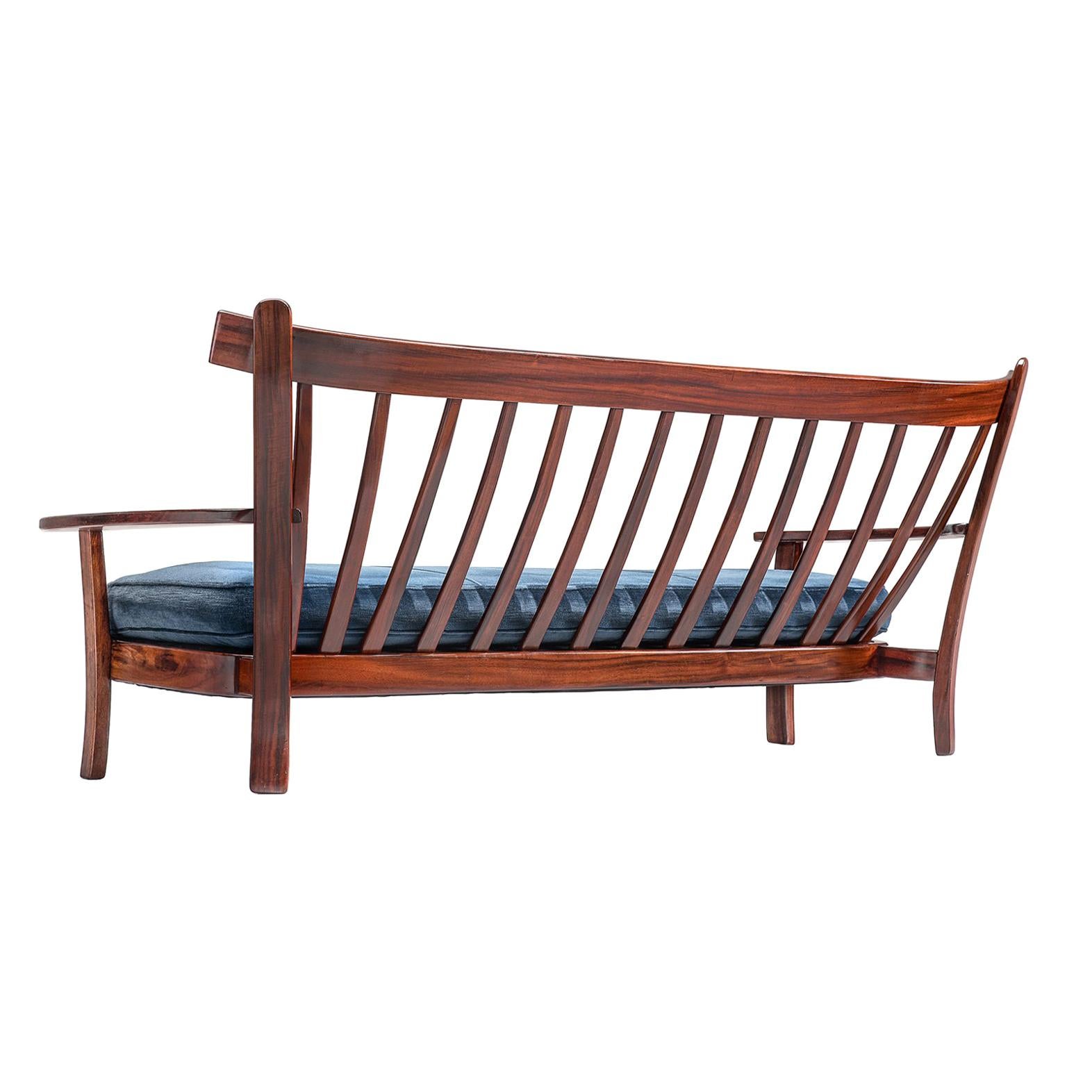 Brazilian Rosewood Sofa with Navy Velvet Upholstery