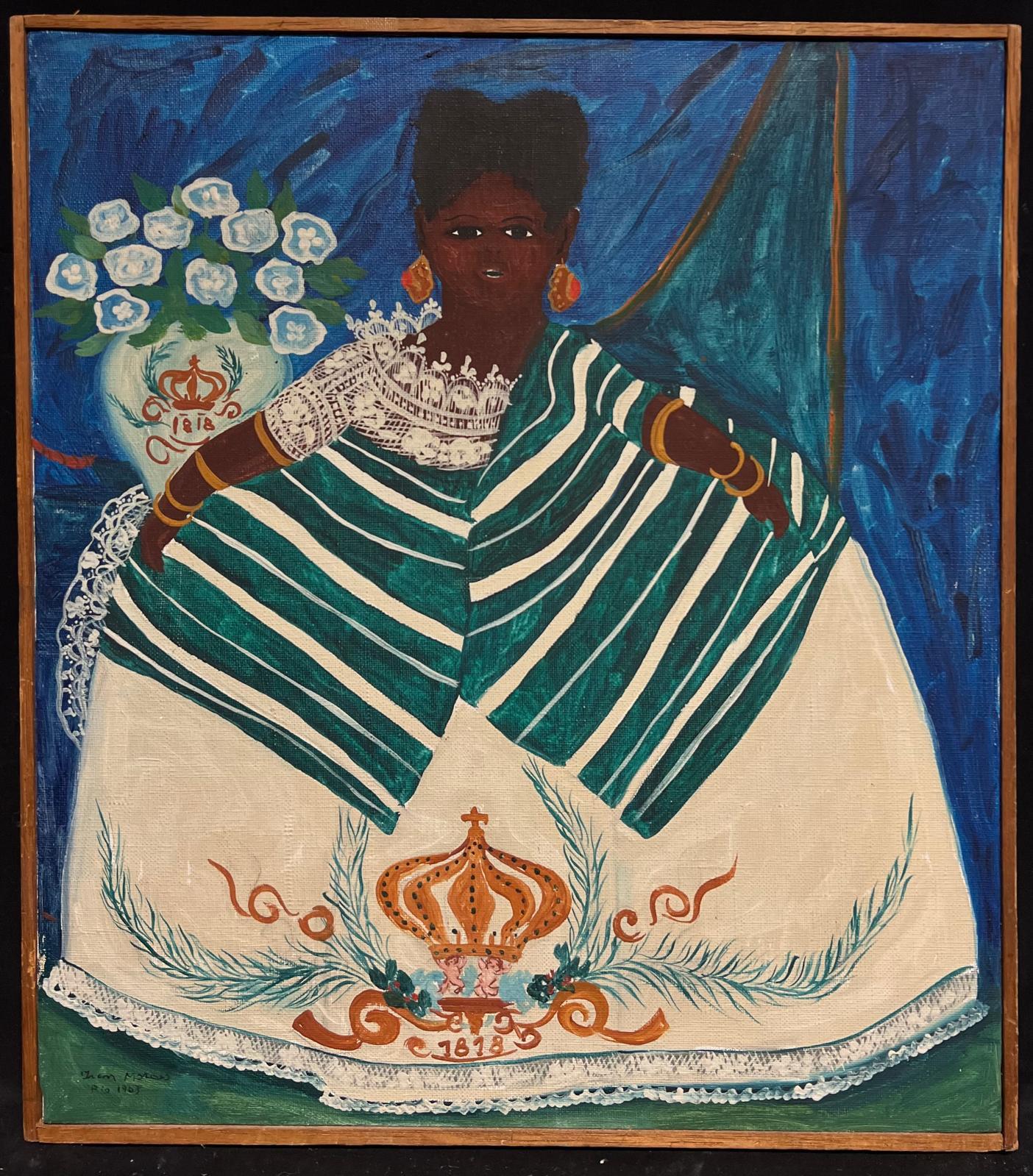 Large Figurative Portrait Woman in Historical Dress Costume Signed Labelled Oil - Painting by Brazilian School