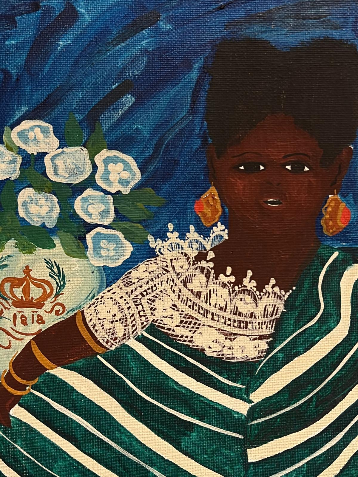 Large Figurative Portrait Woman in Historical Dress Costume Signed Labelled Oil - Folk Art Painting by Brazilian School