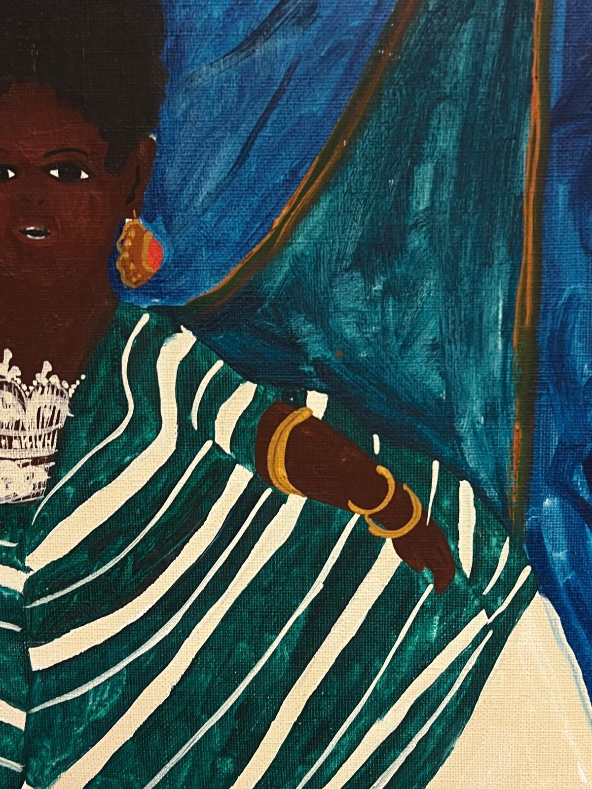 Large Figurative Portrait Woman in Historical Dress Costume Signed Labelled Oil - Blue Portrait Painting by Brazilian School