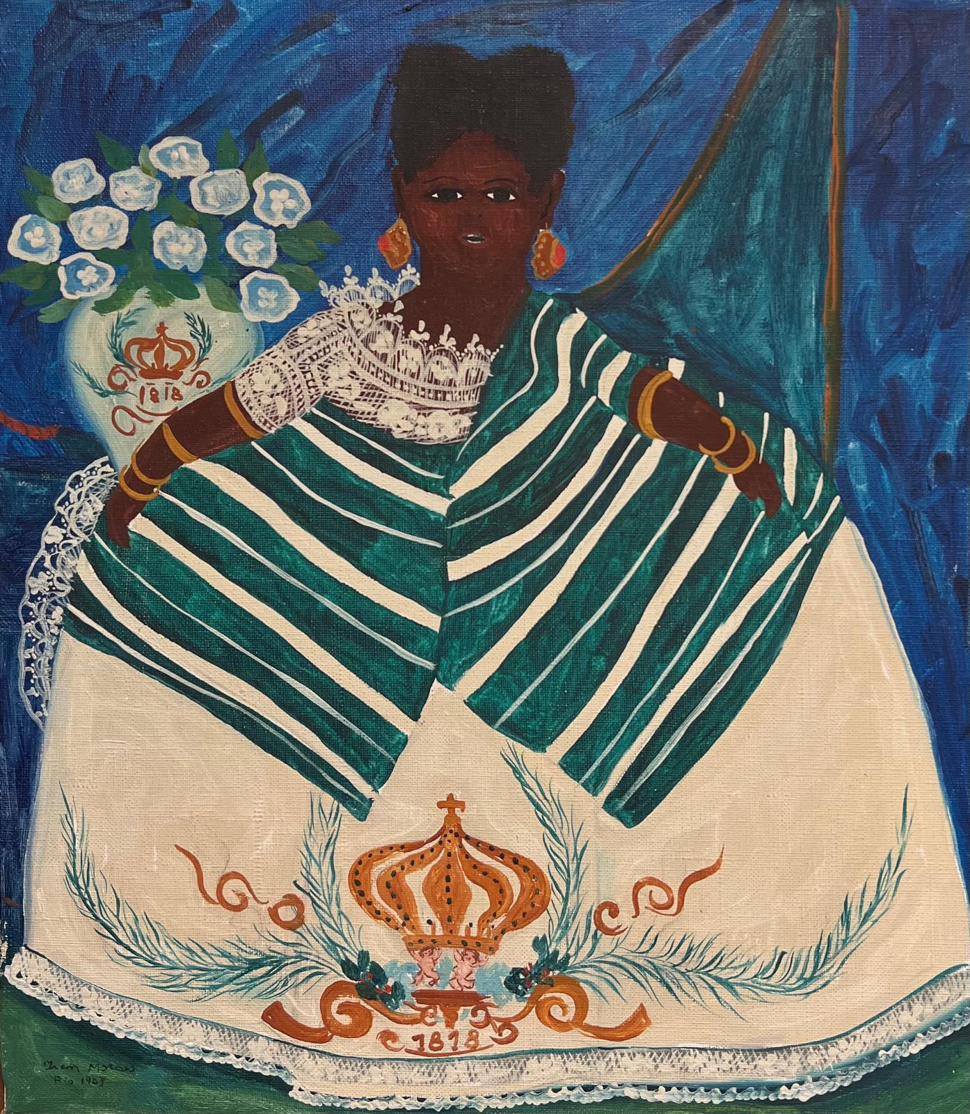 Brazilian School Portrait Painting - Large Figurative Portrait Woman in Historical Dress Costume Signed Labelled Oil