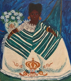 Large Figurative Portrait Woman in Historical Dress Costume Signed Labelled Oil