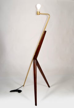Brazilian Sculptural Walnut Brass Geometric Tripod Floor Lamp Mid-Century Modern