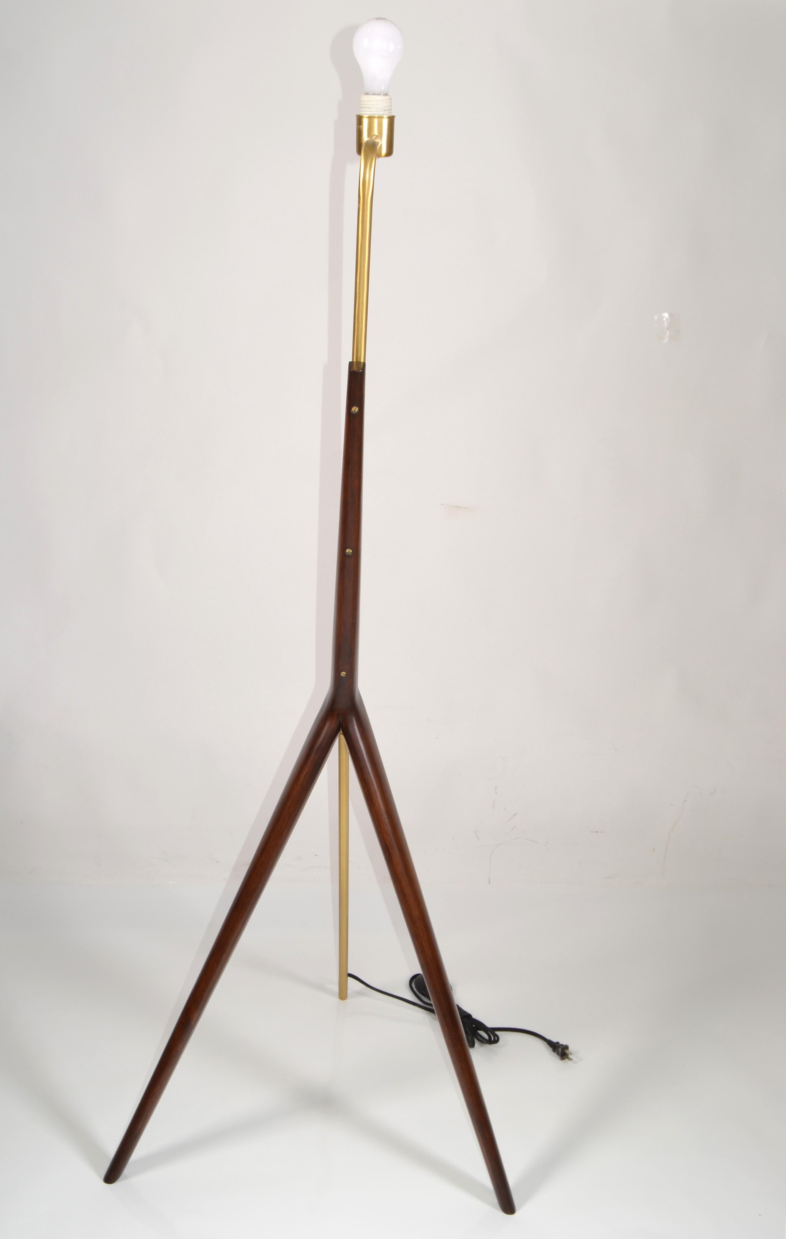 20th Century Brazilian Sculptural Walnut Brass Geometric Tripod Floor Lamp Mid-Century Modern For Sale