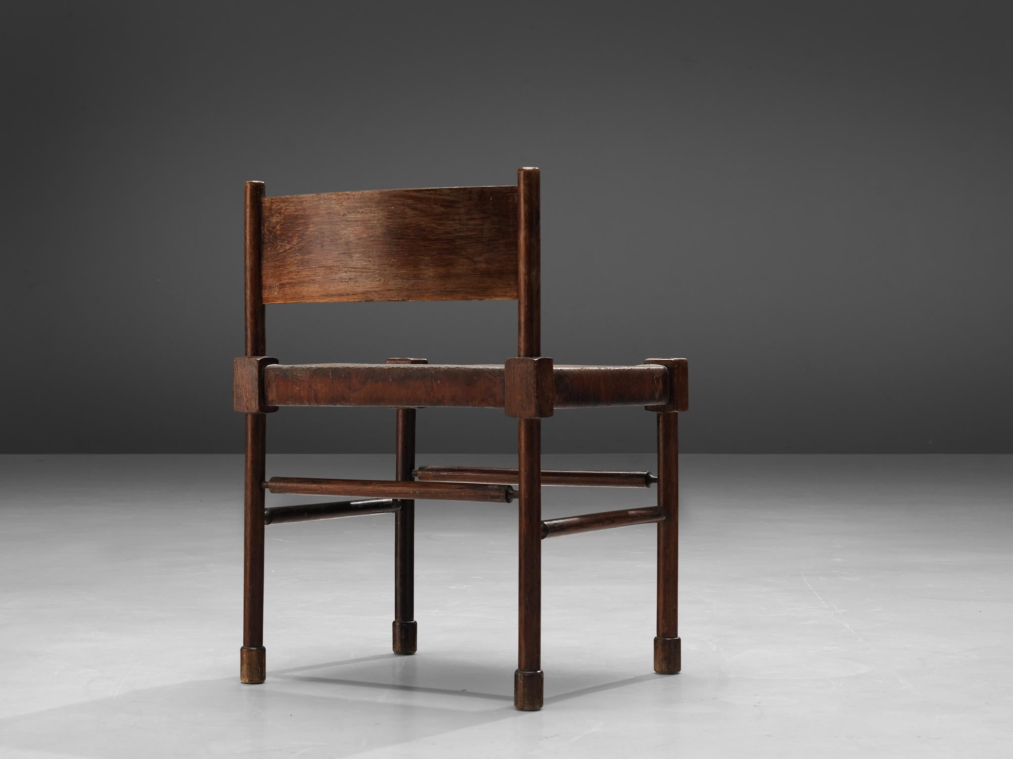 Mid-20th Century Brazilian Side Chair in Original Patinated Leather and Stained Wood 