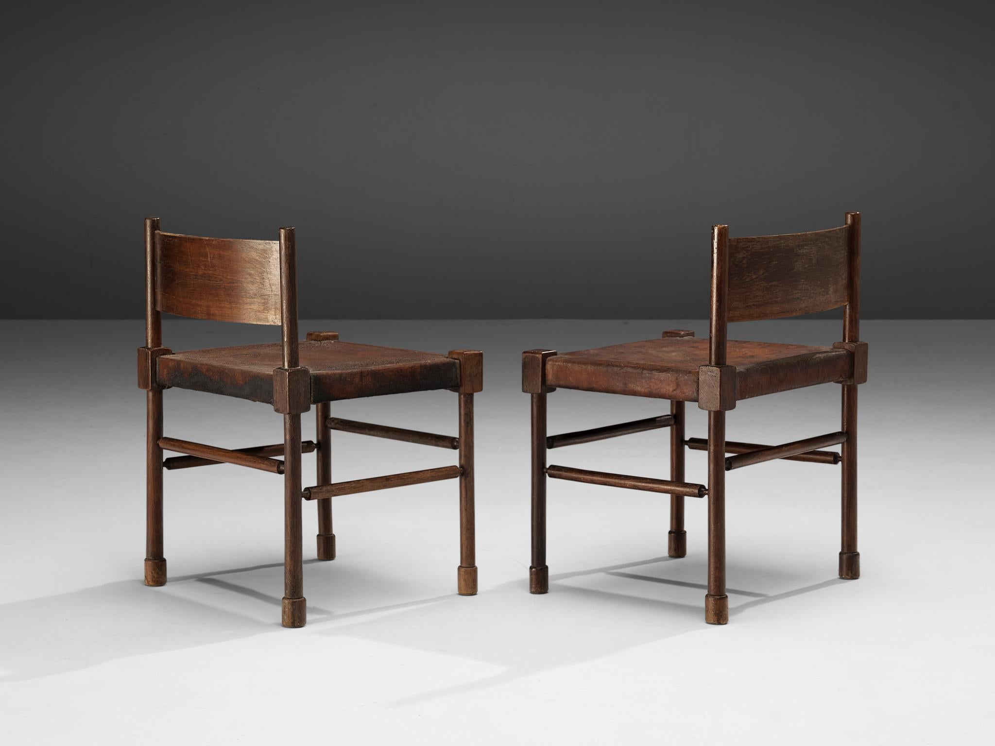 Brazilian Side Chairs in Original Patinated Leather and Stained Wood  In Good Condition In Waalwijk, NL