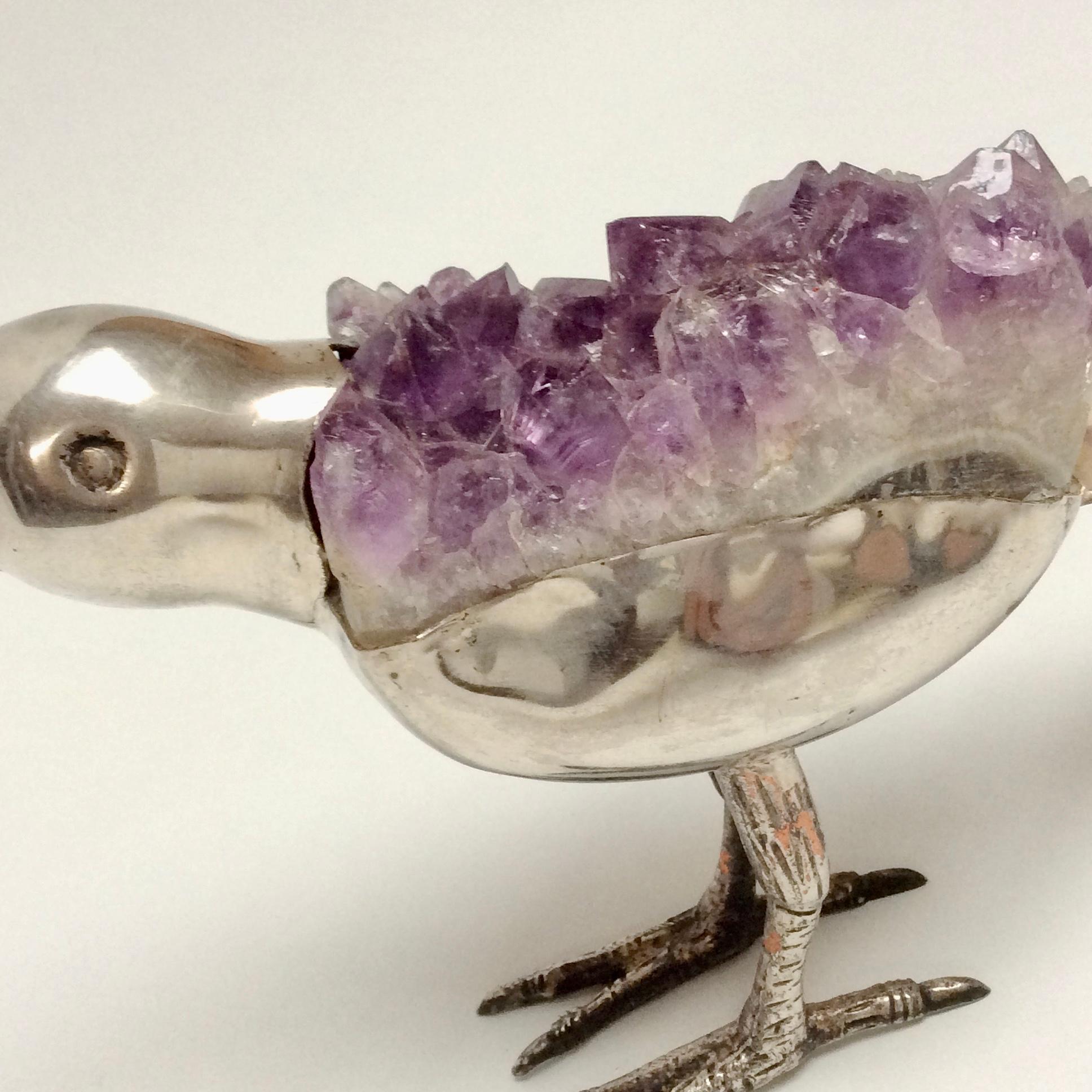Brésilien Oiseau décoratif en métal argenté et améthyste, vers 1970