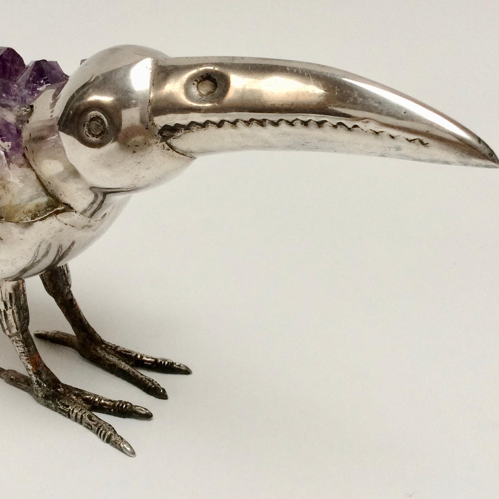 Brazilian Silver Plated and Amethyst Decorative Bird, circa 1970