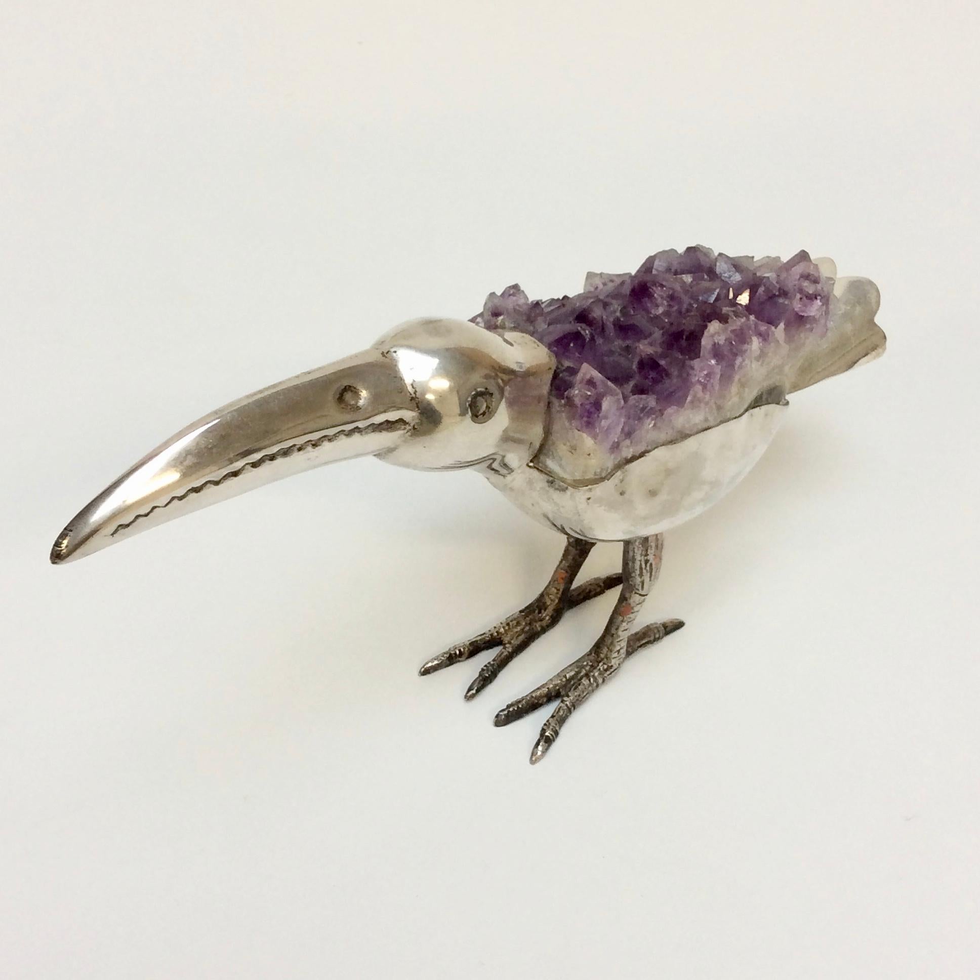 Oiseau décoratif en métal argenté et améthyste, vers 1970 2
