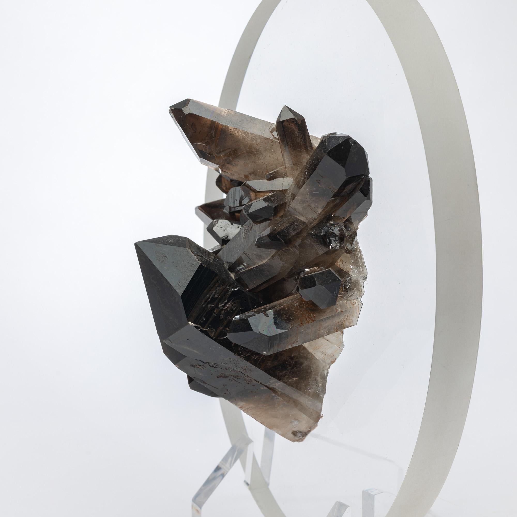 Brazilian Smokey Quartz Cluster Mounted in a original desing Acrylic Base For Sale 4