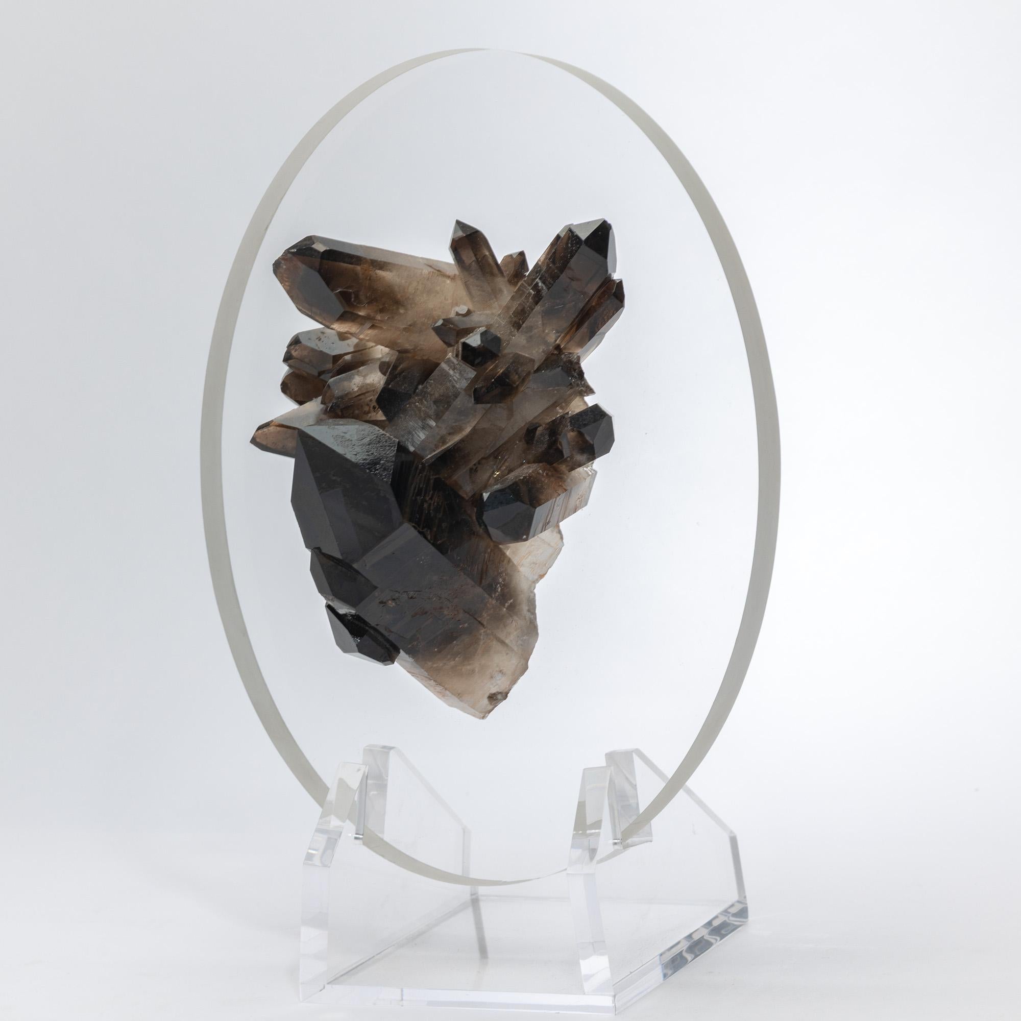 Organic Modern Brazilian Smokey Quartz Cluster Mounted in a original desing Acrylic Base For Sale