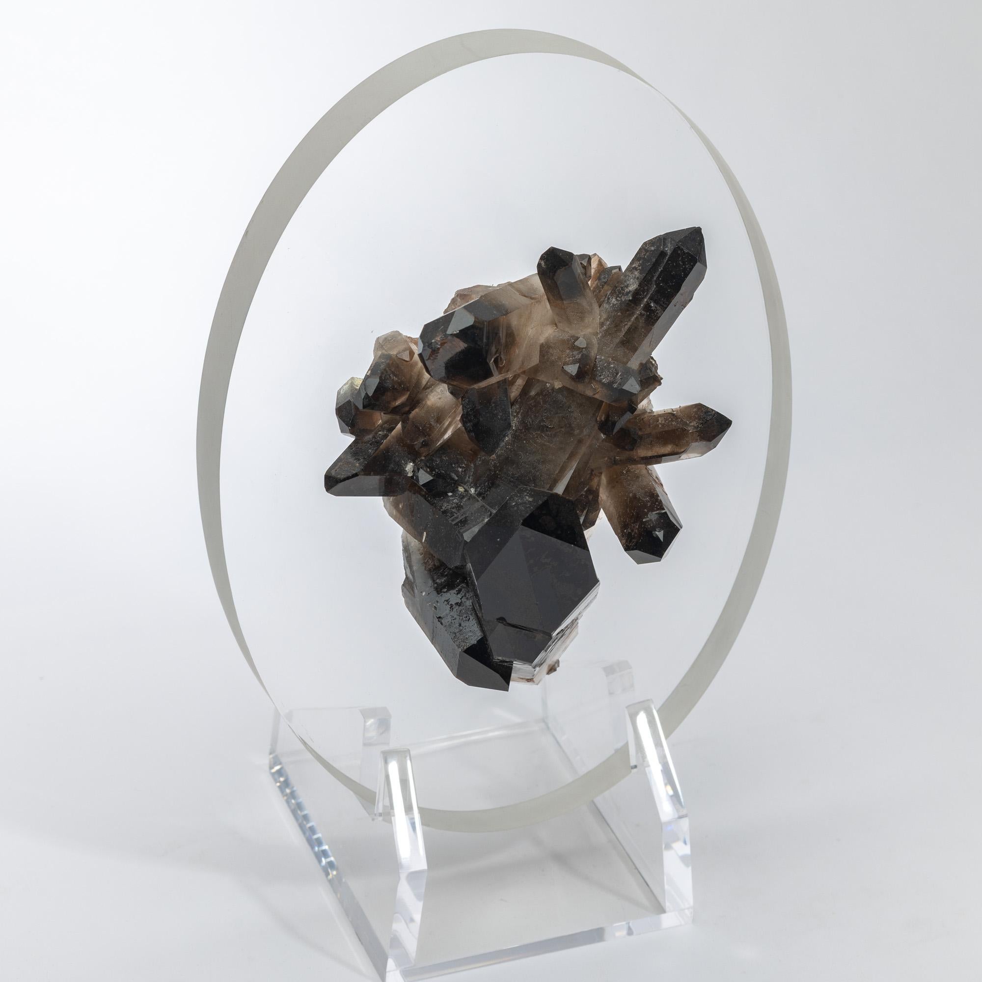 Contemporary Brazilian Smokey Quartz Cluster Mounted in a original desing Acrylic Base For Sale