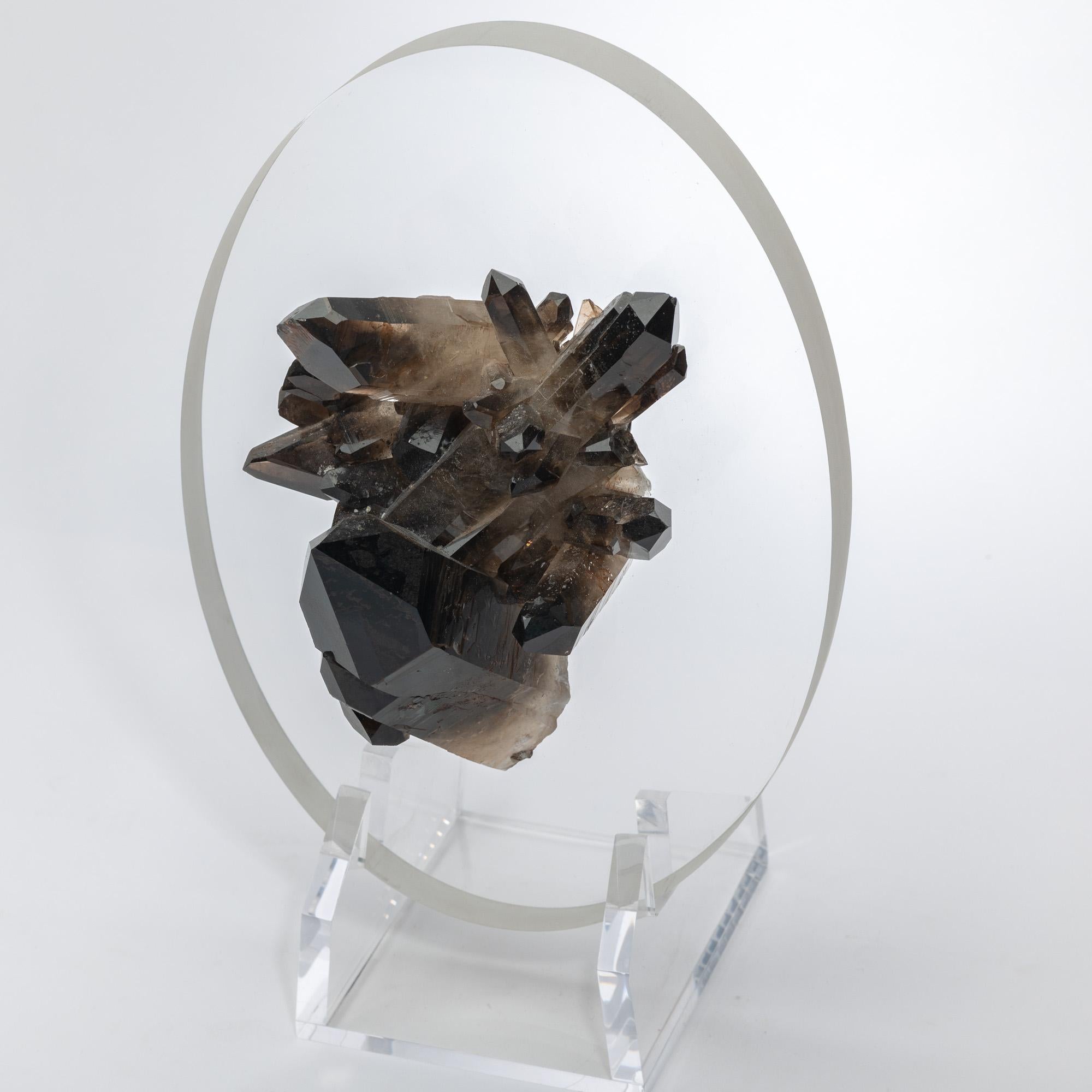Brazilian Smokey Quartz Cluster Mounted in a original desing Acrylic Base For Sale 1