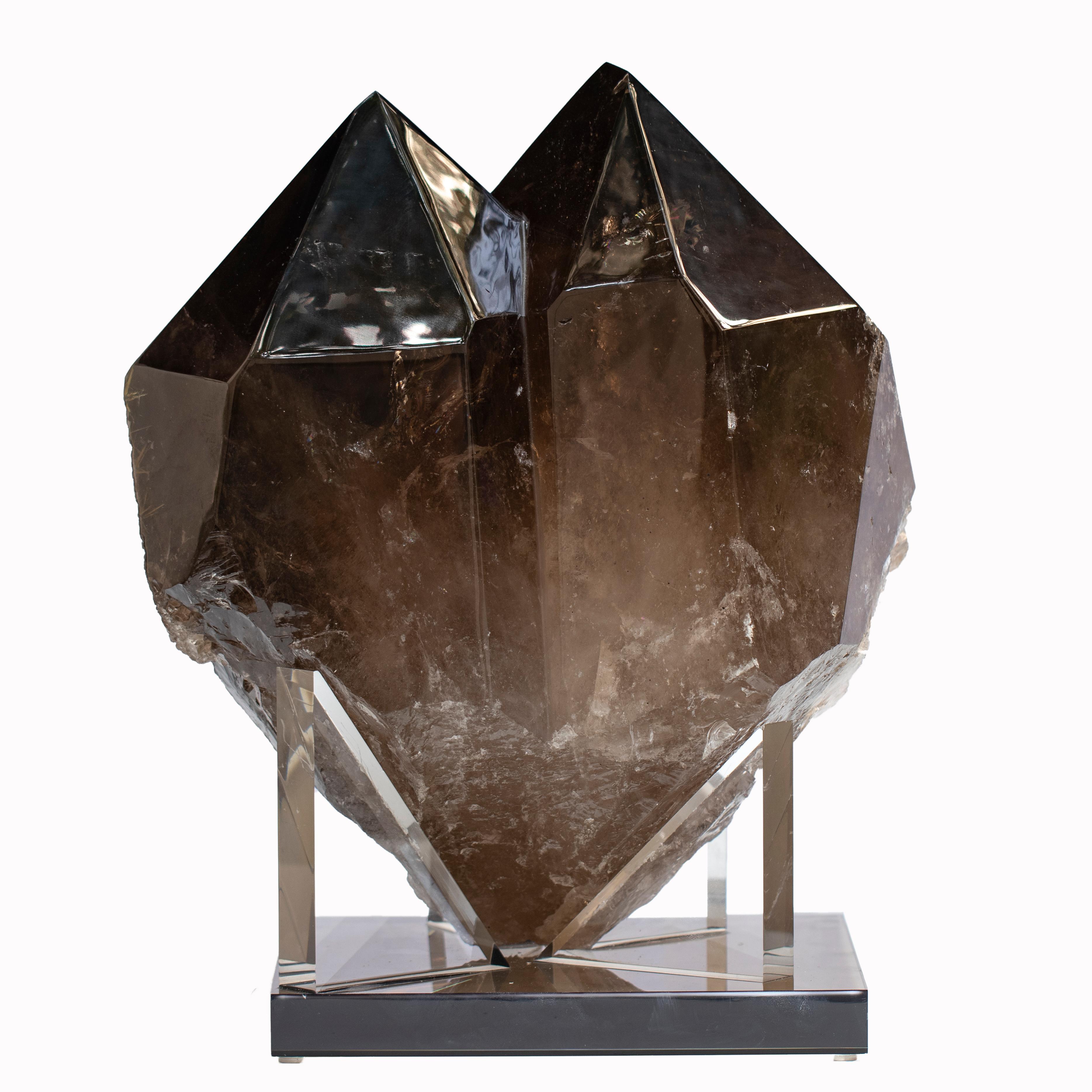 Organic Modern Brazilian Smokey Quartz Double Point in Acrylic Base For Sale