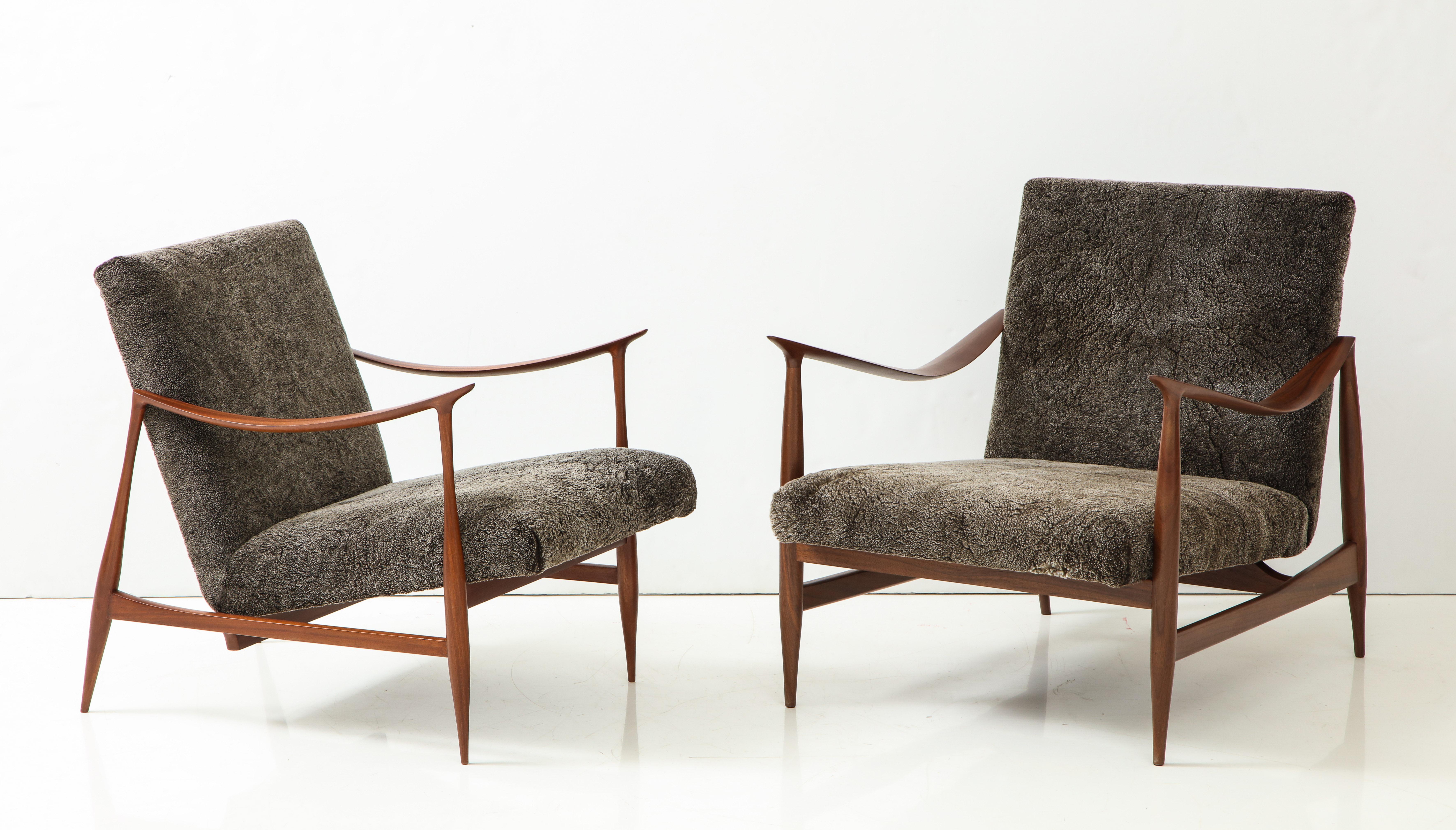 Mid-Century Modern Brazilian Style Lounge Chairs with Walnut Frames & Lamb's Wool Upholstery