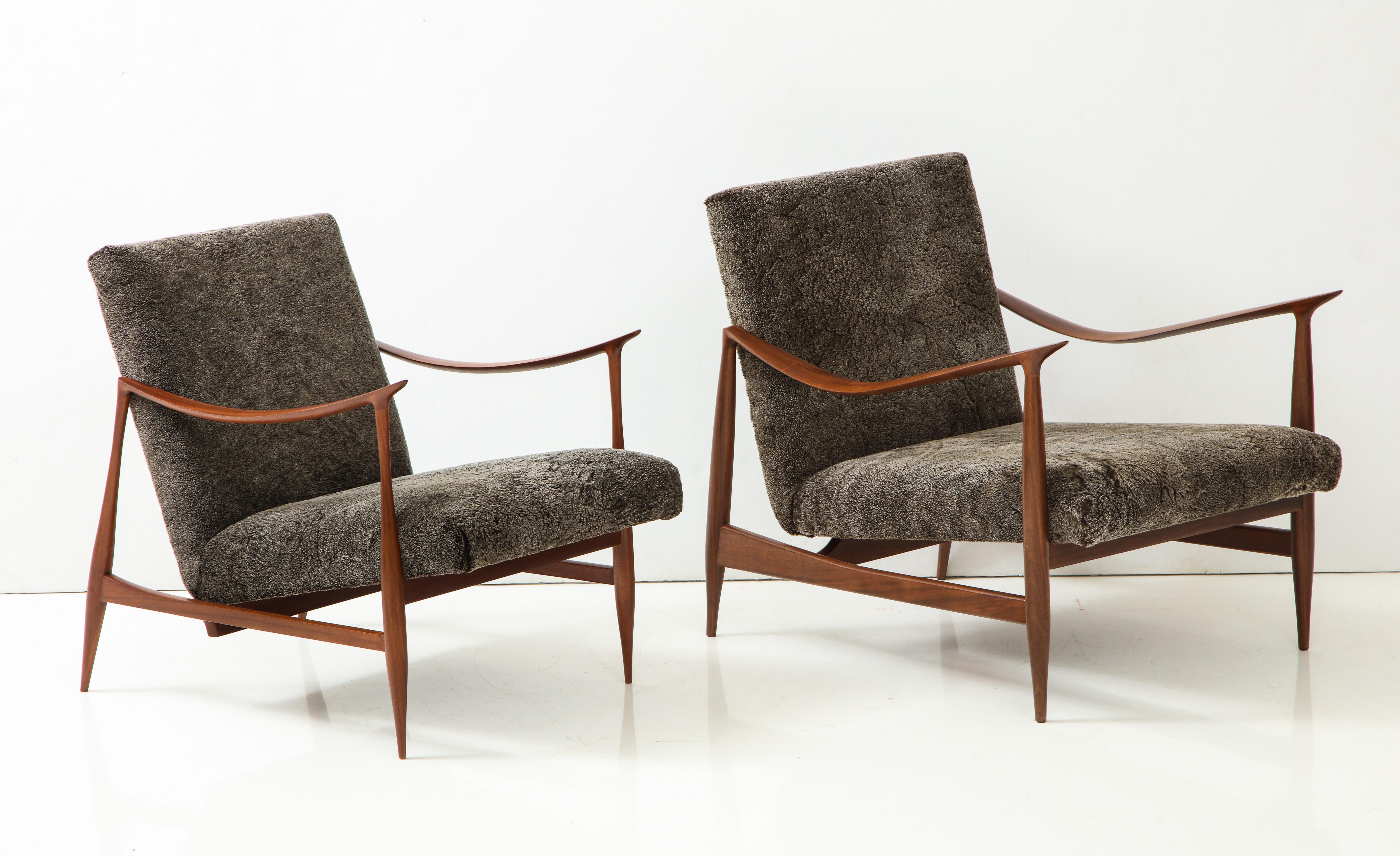 American Brazilian Style Lounge Chairs with Walnut Frames & Lamb's Wool Upholstery