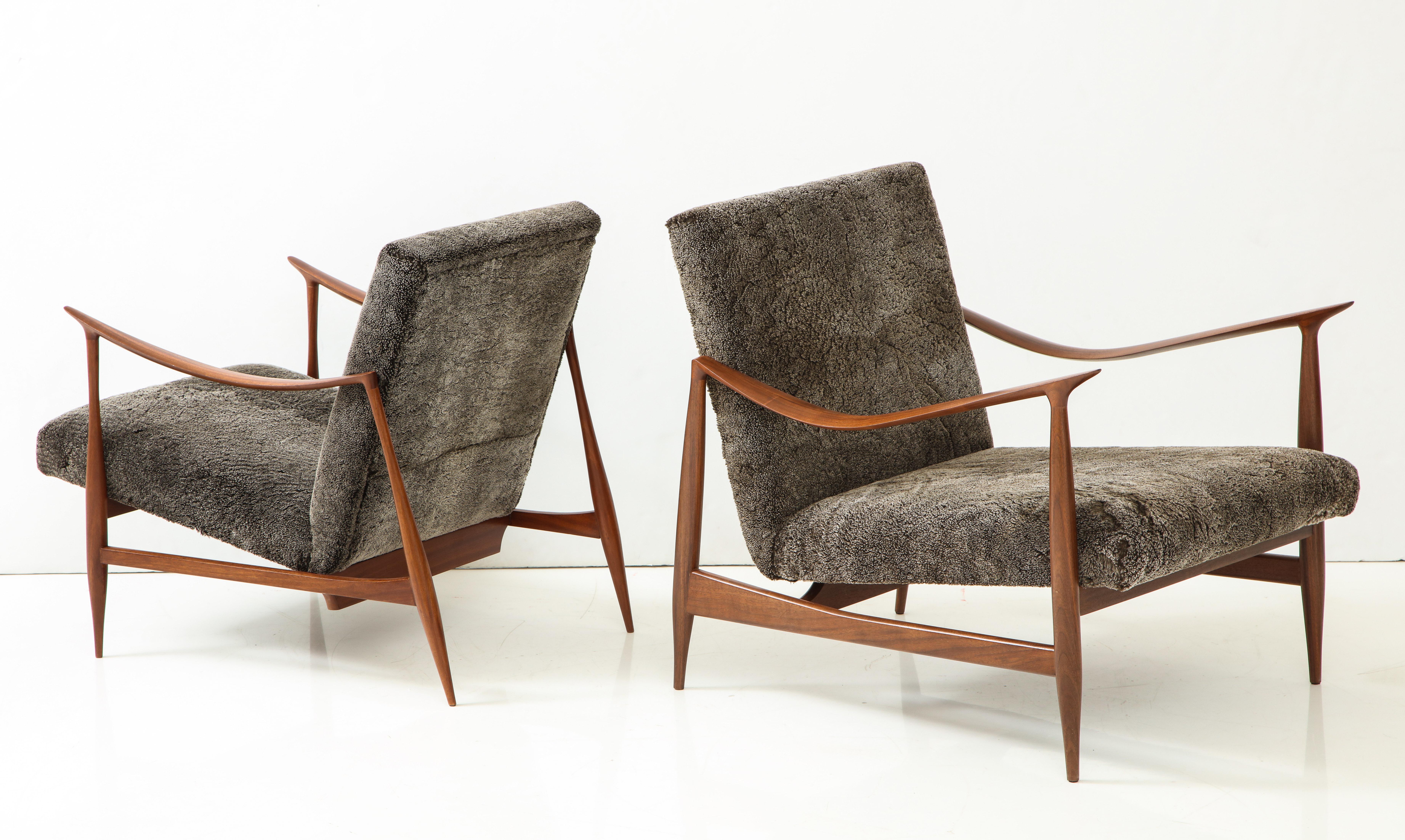 Brazilian Style Lounge Chairs with Walnut Frames & Lamb's Wool Upholstery In Excellent Condition In New York, NY