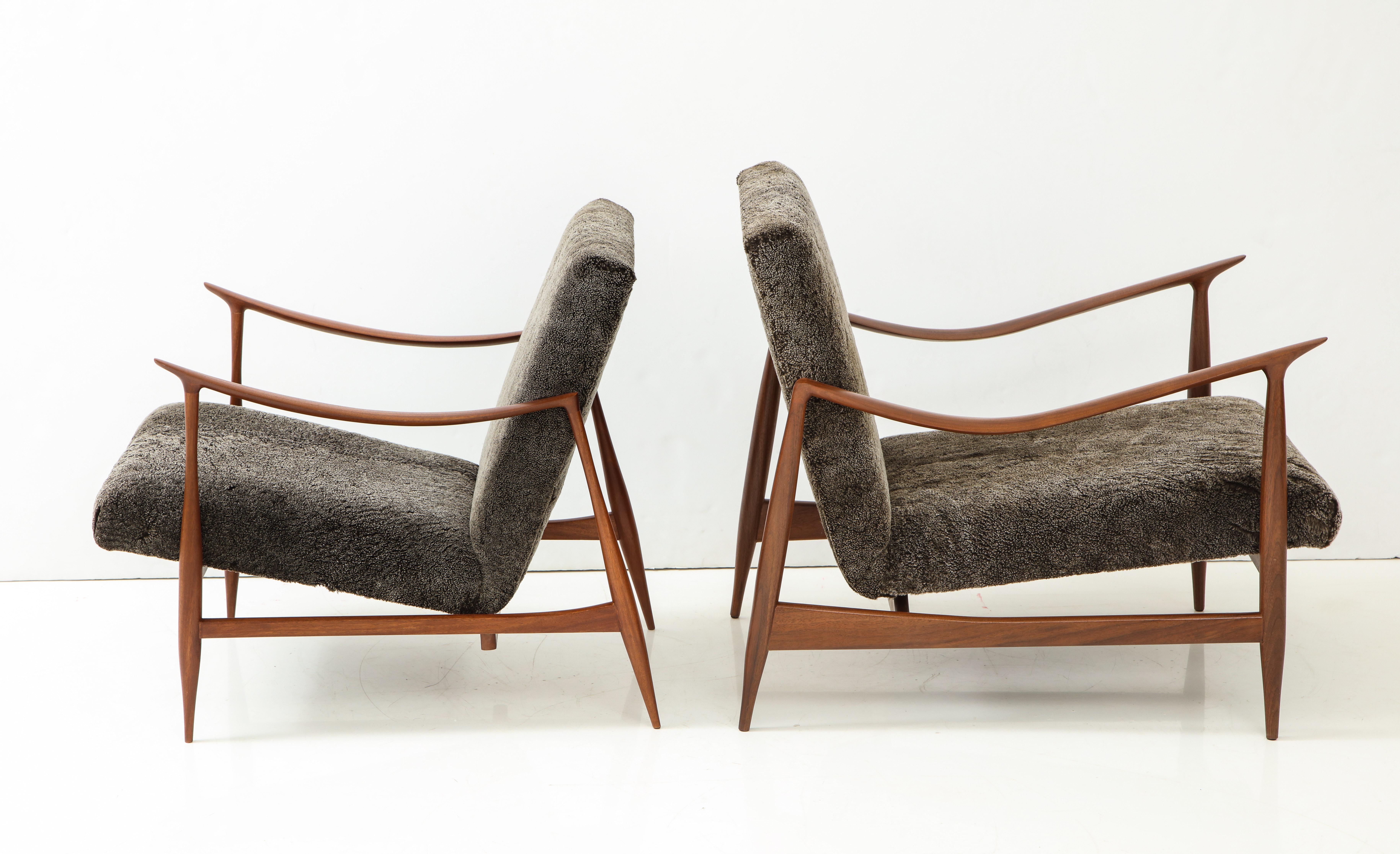Contemporary Brazilian Style Lounge Chairs with Walnut Frames & Lamb's Wool Upholstery