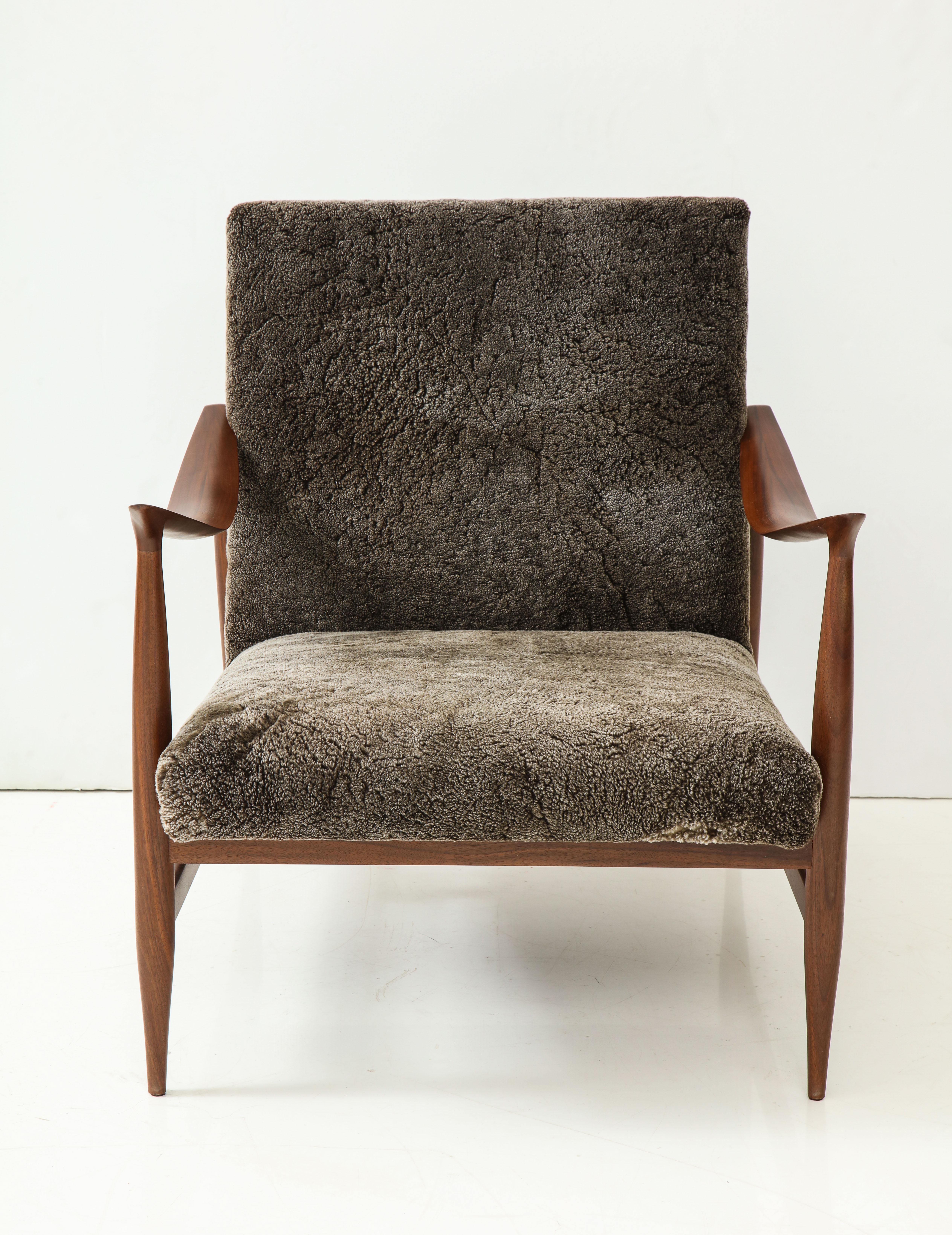 Brazilian Style Lounge Chairs with Walnut Frames & Lamb's Wool Upholstery 1