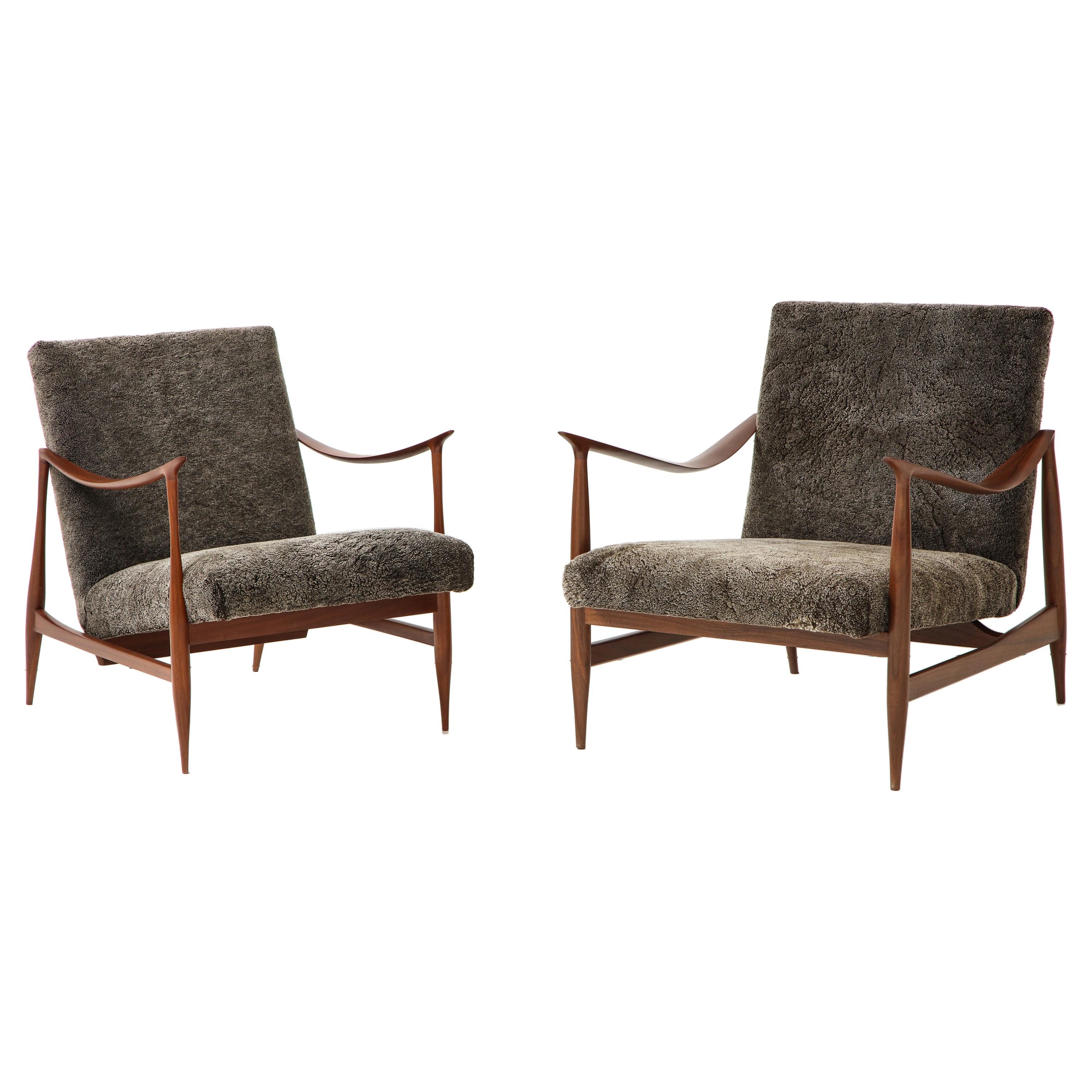 Brazilian Style Lounge Chairs with Walnut Frames & Lamb's Wool Upholstery