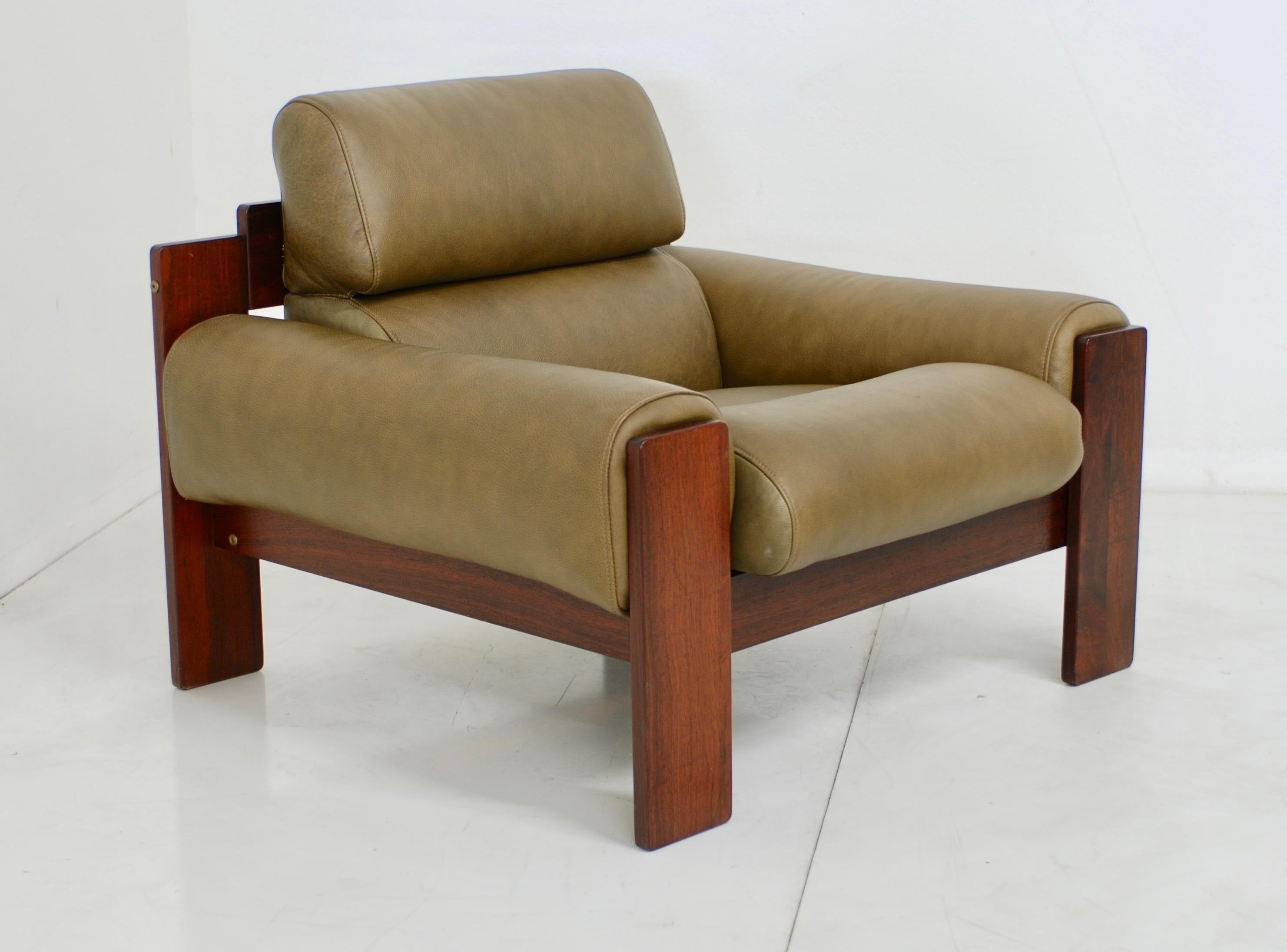 Brazilian Style Rosewood and Olive Green Leather Lounge Chair 4