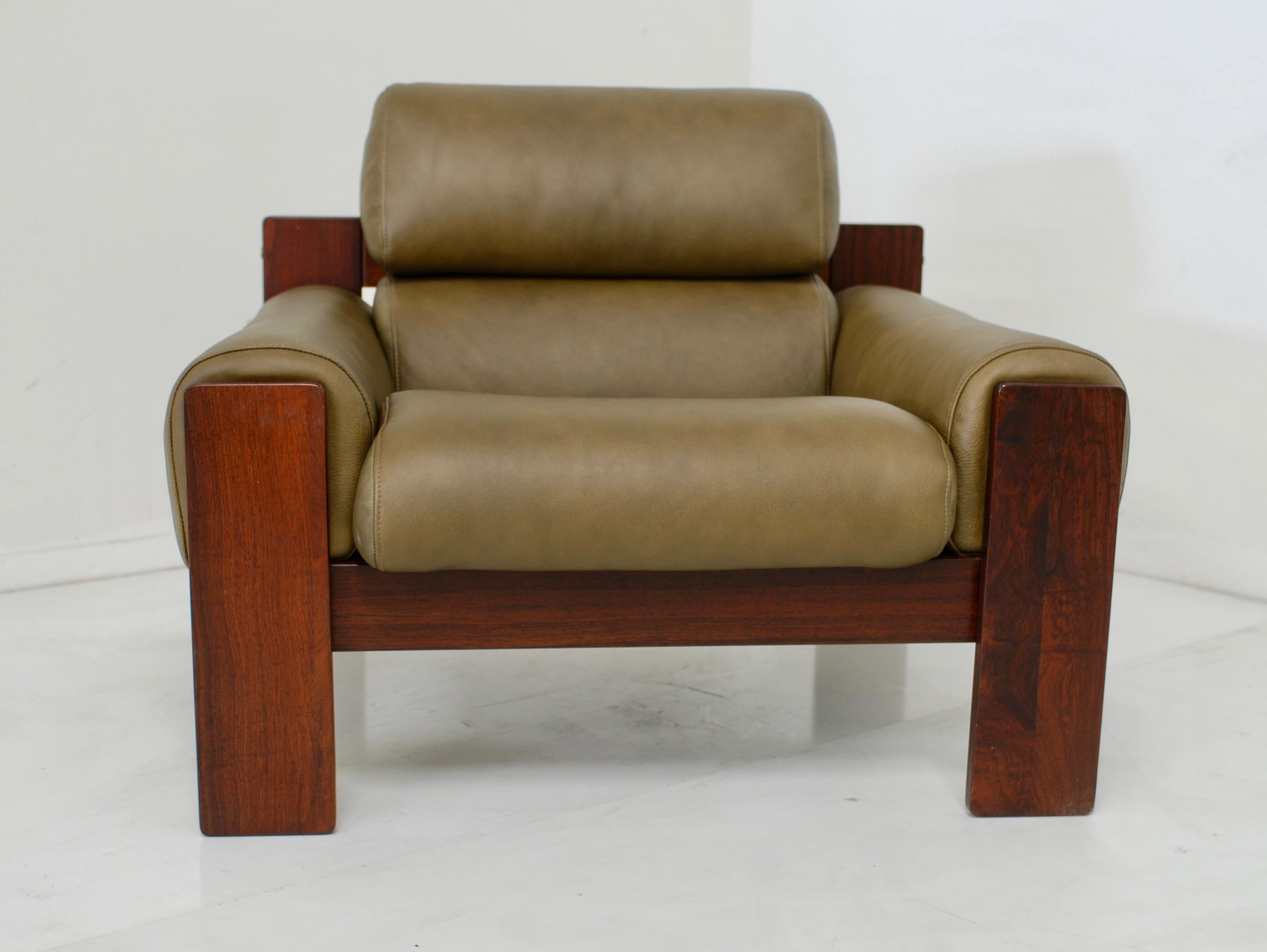 Mid-Century Modern Brazilian Style Rosewood and Olive Green Leather Lounge Chair