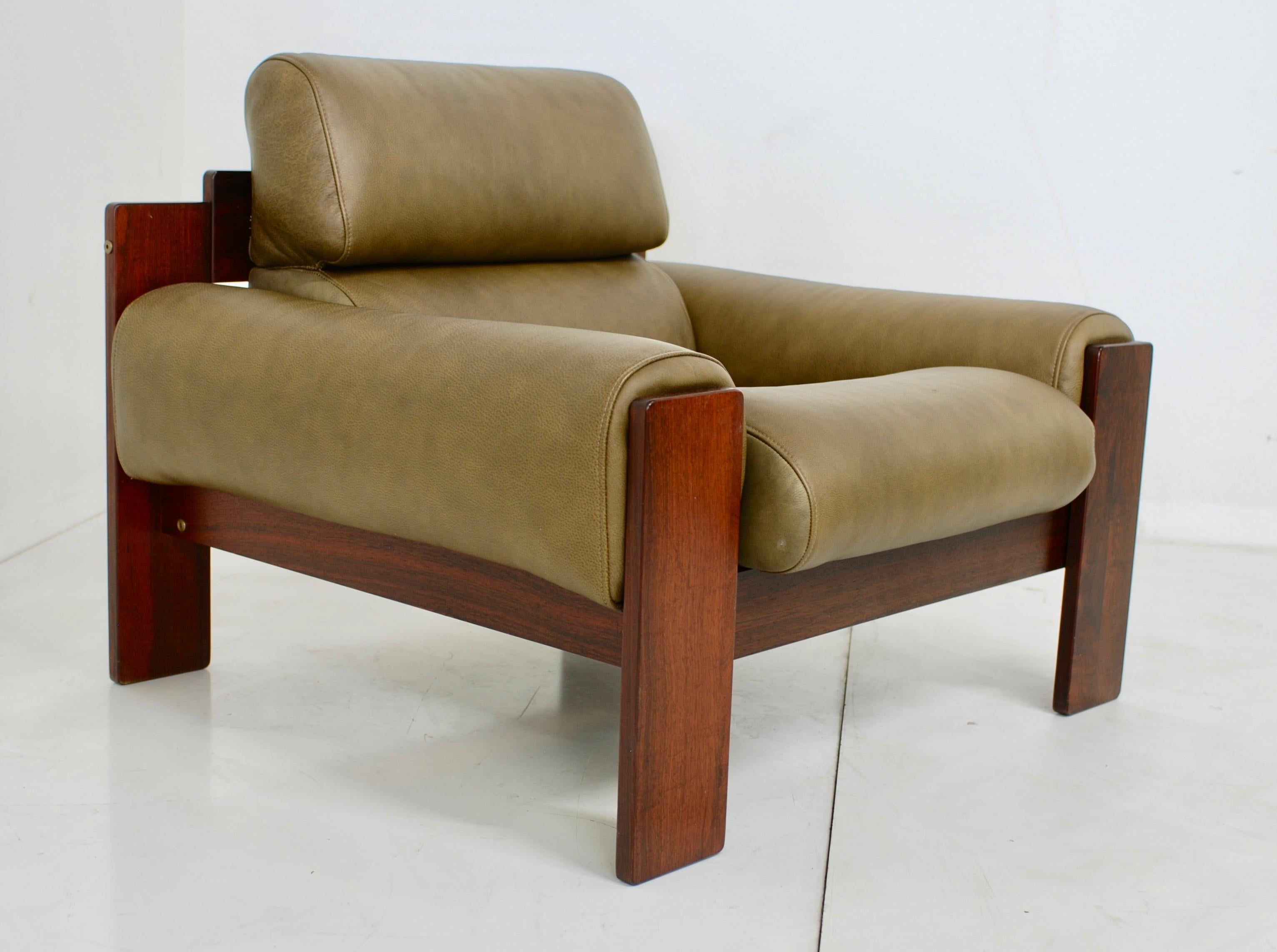 American Brazilian Style Rosewood and Olive Green Leather Lounge Chair