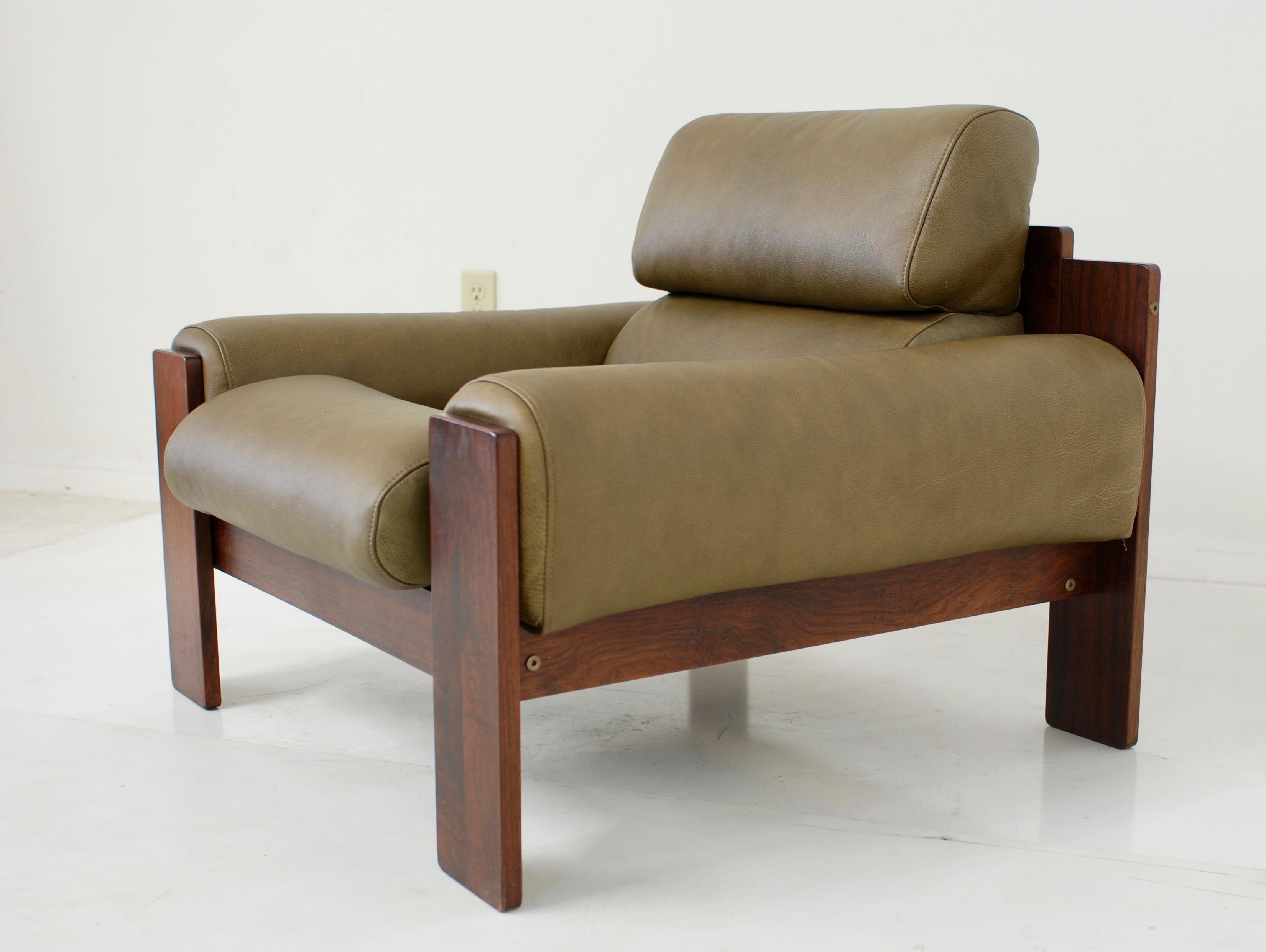 20th Century Brazilian Style Rosewood and Olive Green Leather Lounge Chair