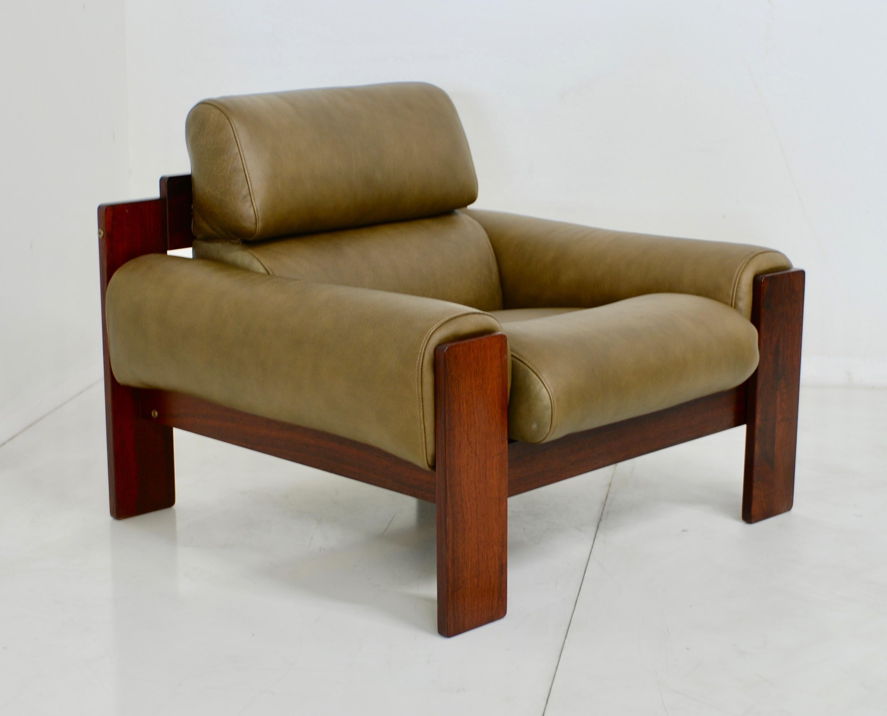 Brazilian Style Rosewood and Olive Green Leather Lounge Chair 2