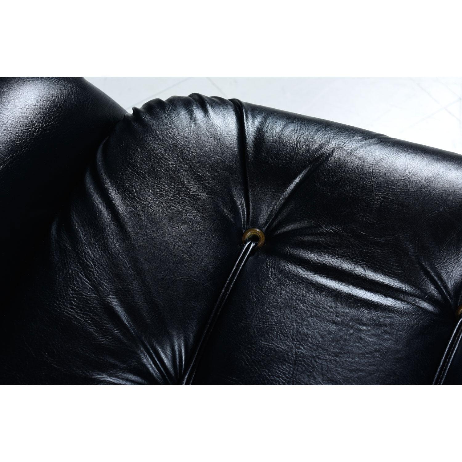 Brazilian Style Tufted Black Vinyl Vintage Sofa and Armchair Set 1