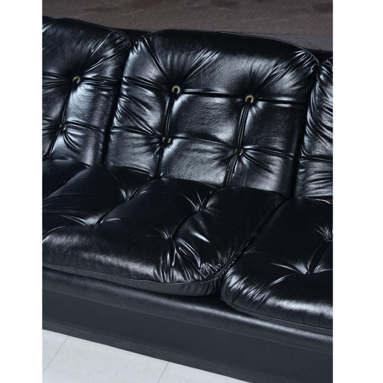 Brazilian Style Tufted Black Vinyl Vintage Sofa and Armchair Set at