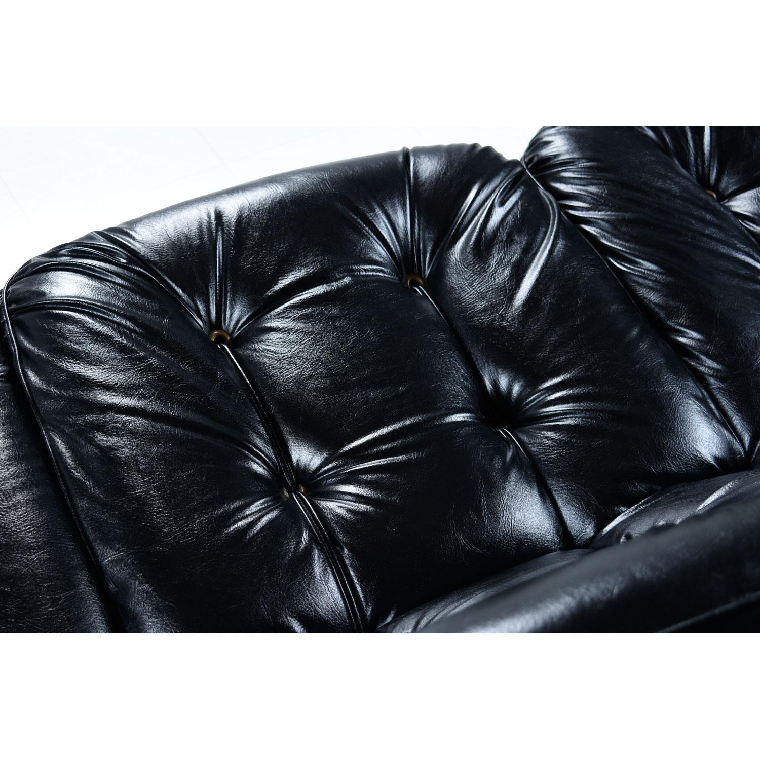 Brazilian Style Tufted Black Vinyl Vintage Sofa and Armchair Set 3