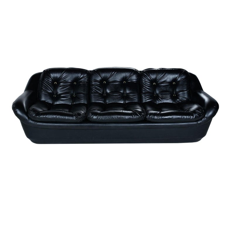 Brazilian Style Tufted Black Vinyl Vintage Sofa and Armchair Set at