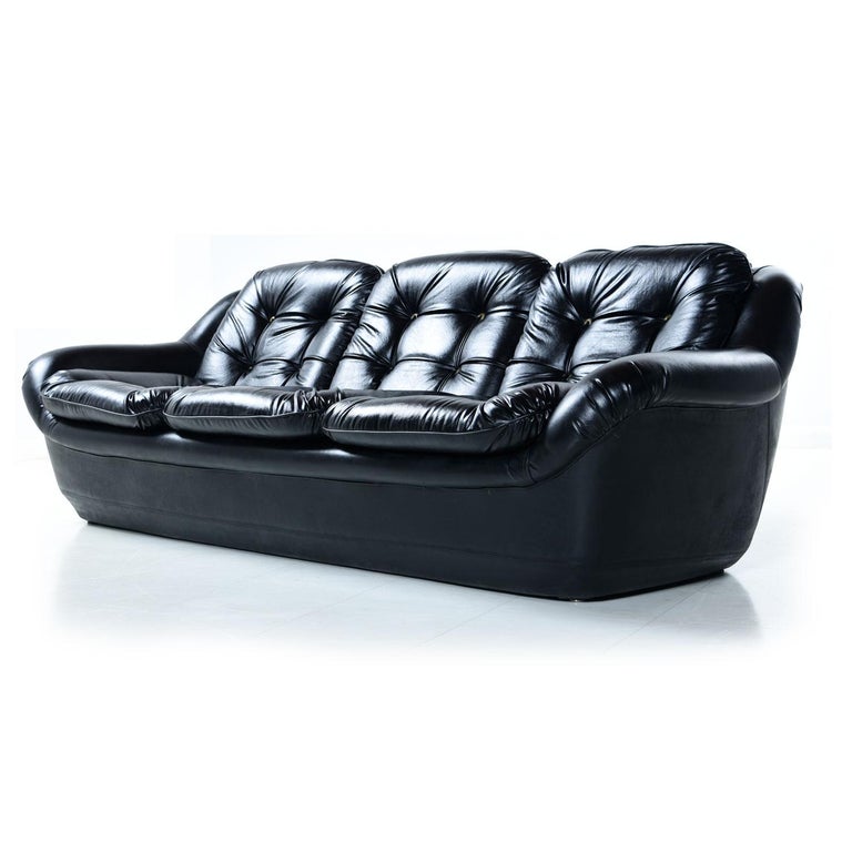 Brazilian Style Tufted Black Vinyl Vintage Sofa and Armchair Set at