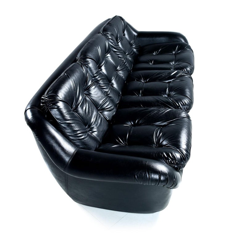 Brazilian Style Tufted Black Vinyl Vintage Sofa and Armchair Set at