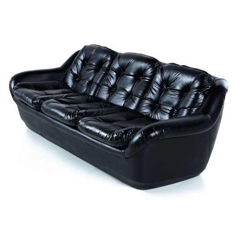 Brazilian Style Tufted Black Vinyl Vintage Sofa and Armchair Set at