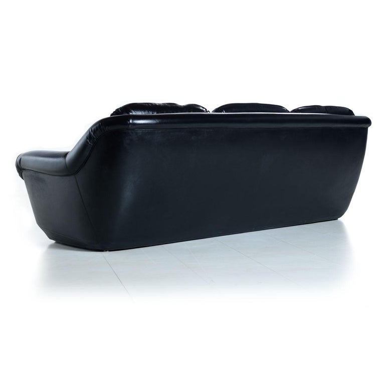 Brazilian Style Tufted Black Vinyl Vintage Sofa and Armchair Set at